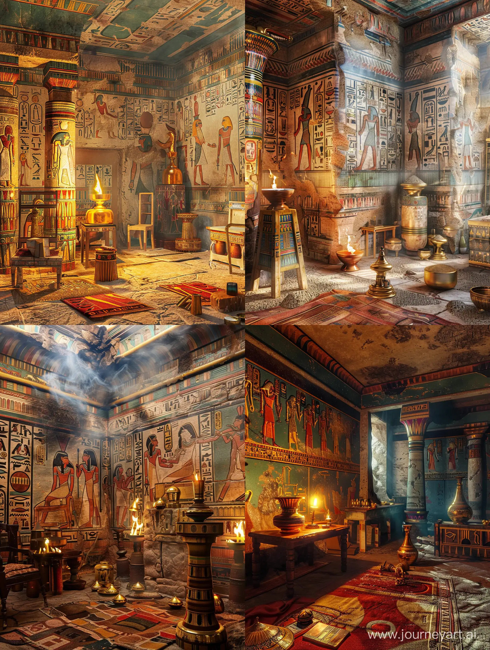 старая египетская гробница, расписанные стены, мерцание масляных ламп, золотые украшения, предметы мебели, Древний Египет, 