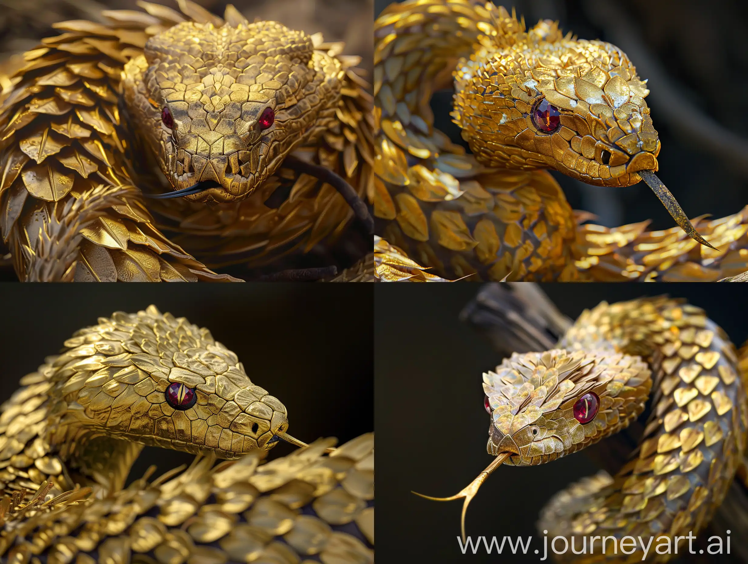 Golden-Serpent-with-Ruby-Eyes-Hyperrealistic-Chinese-Style-Metal-Snake-Art