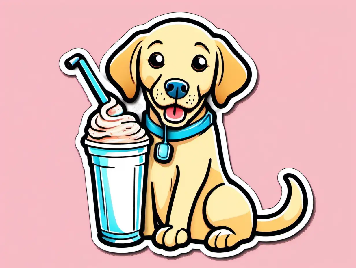 a labrador retriever dog cartoon character drinking a milkshake with vibrant color, like a sticker, line art, white background in the style of van gogh