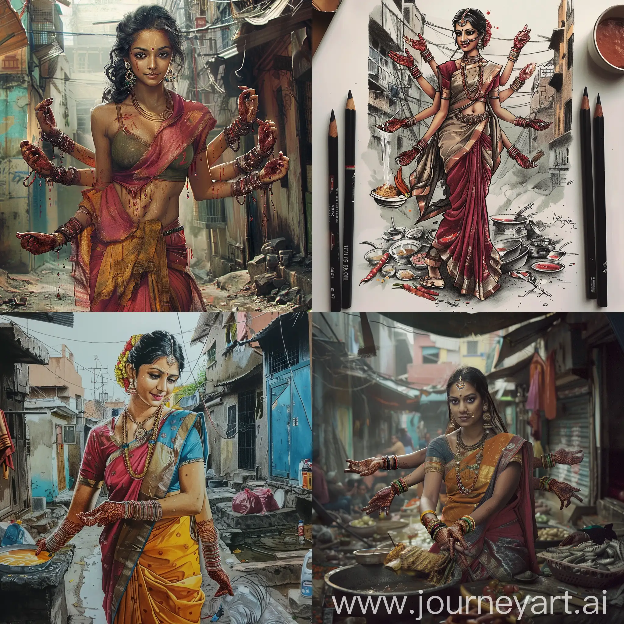 Нарисуй прекрасную женщину с отличной фигурой, индийской национальности, у которой 6 рук, она убирает, готовит и стирает ими на фоне трущоб