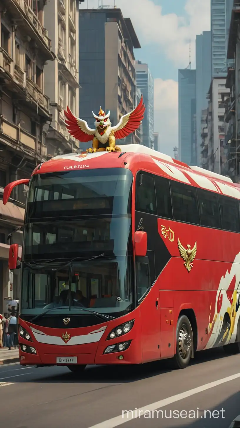 Buatkan gambar animasi, bus mewah,dengan tema bendera indonesia Dengan lambang garuda , latar belakang perkotaan, fulbody, wide, 4k