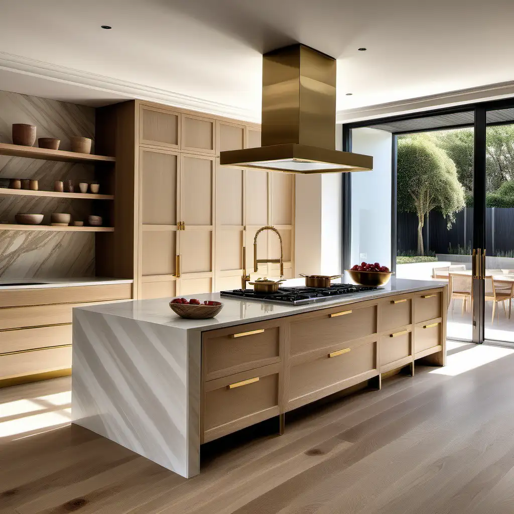 a hyperrealistic Modern turkish grand kitchen; oak island with Quartzite slab top adjoined to built-in quartzite dining table; light beige walls with wainscotting;  oak herringbone floorboards; brass taps; brass exhaust; Ilve 120cm freestanding oven; ample natural lighting;