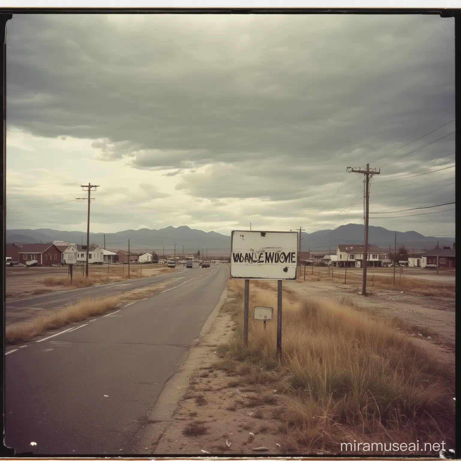 A blank welcome sign, small town in the background, 1993, polaroid picture, apocalypse, 