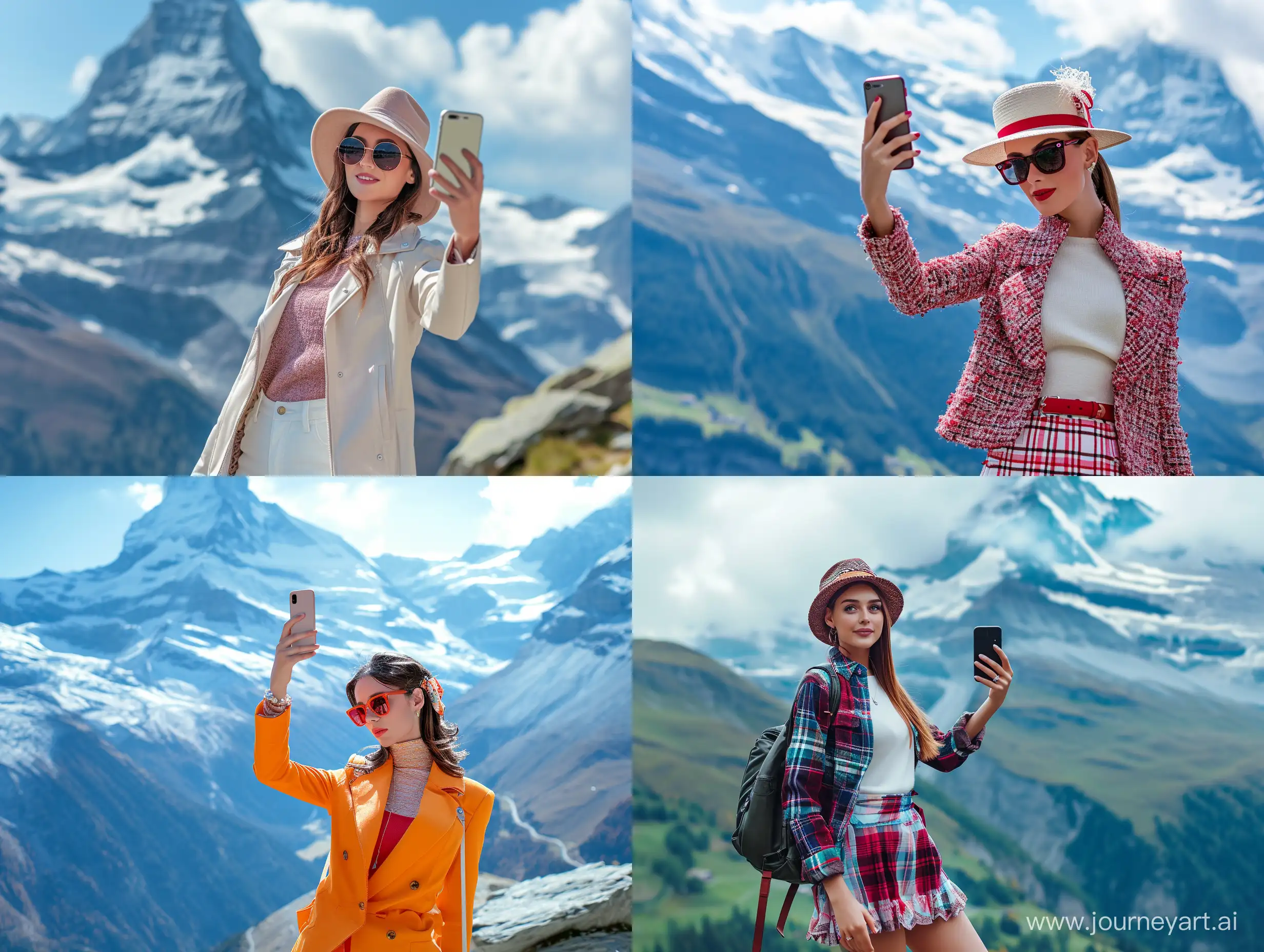 Fashionable-Woman-Capturing-Selfie-with-Swiss-Alps-Backdrop