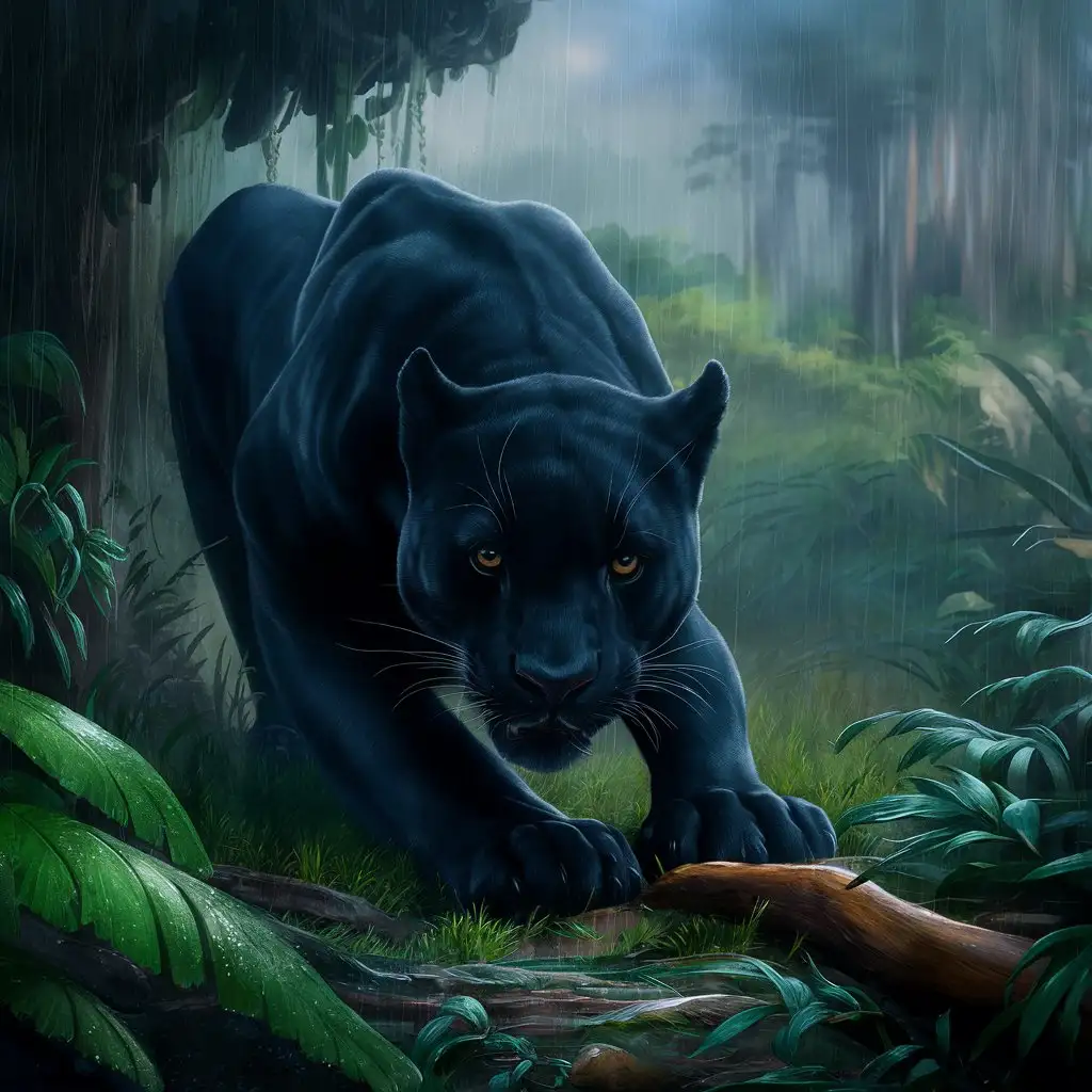 Stealthy Black Panther Hunting in Rainforest