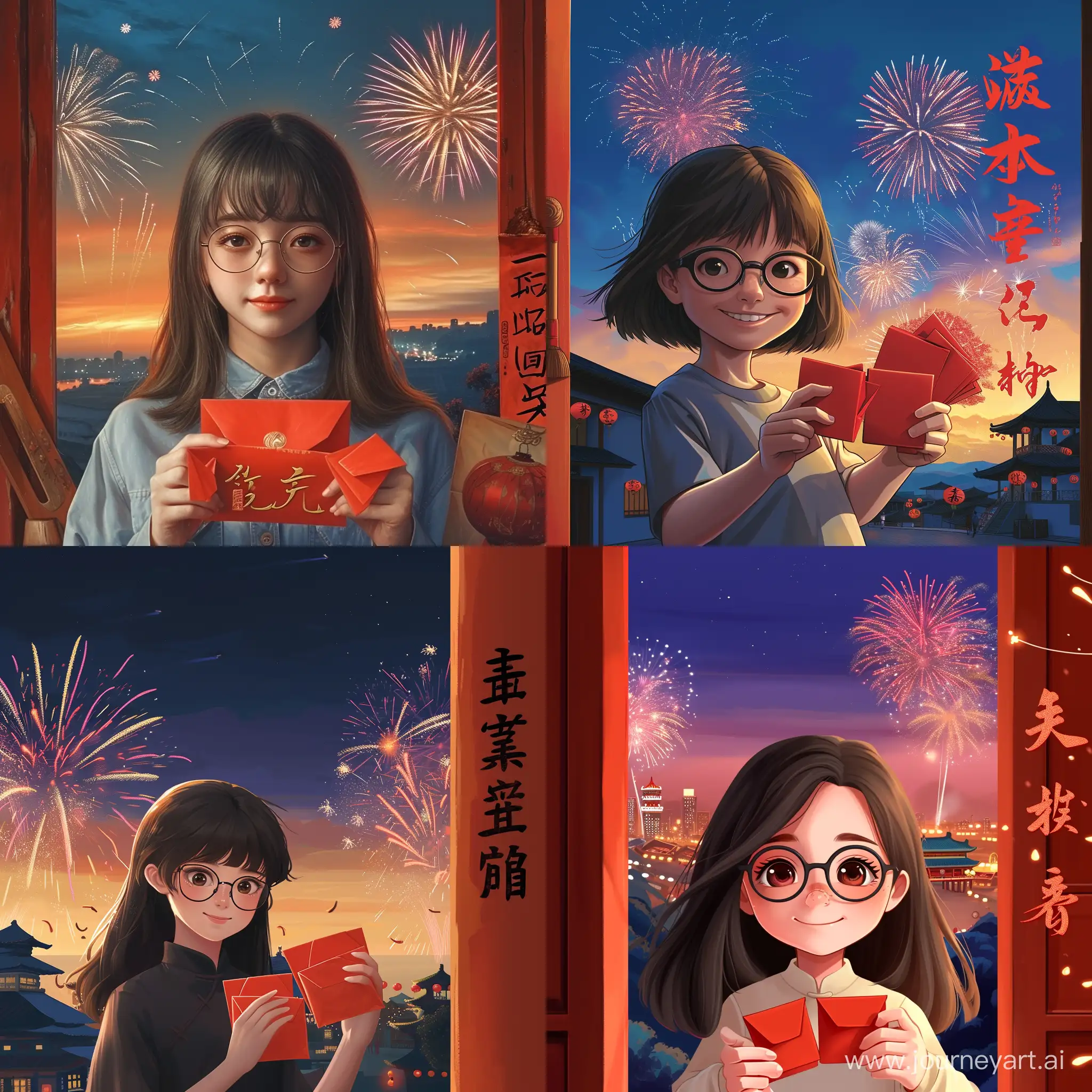  一个脸蛋有点圆圆的女孩25岁，带着眼镜，两只手拿着红包往前送，背景是中国春节的景象，天空中还有烟花，黄昏时刻，画面右边用中文汉字：苹苹来给你送红包了