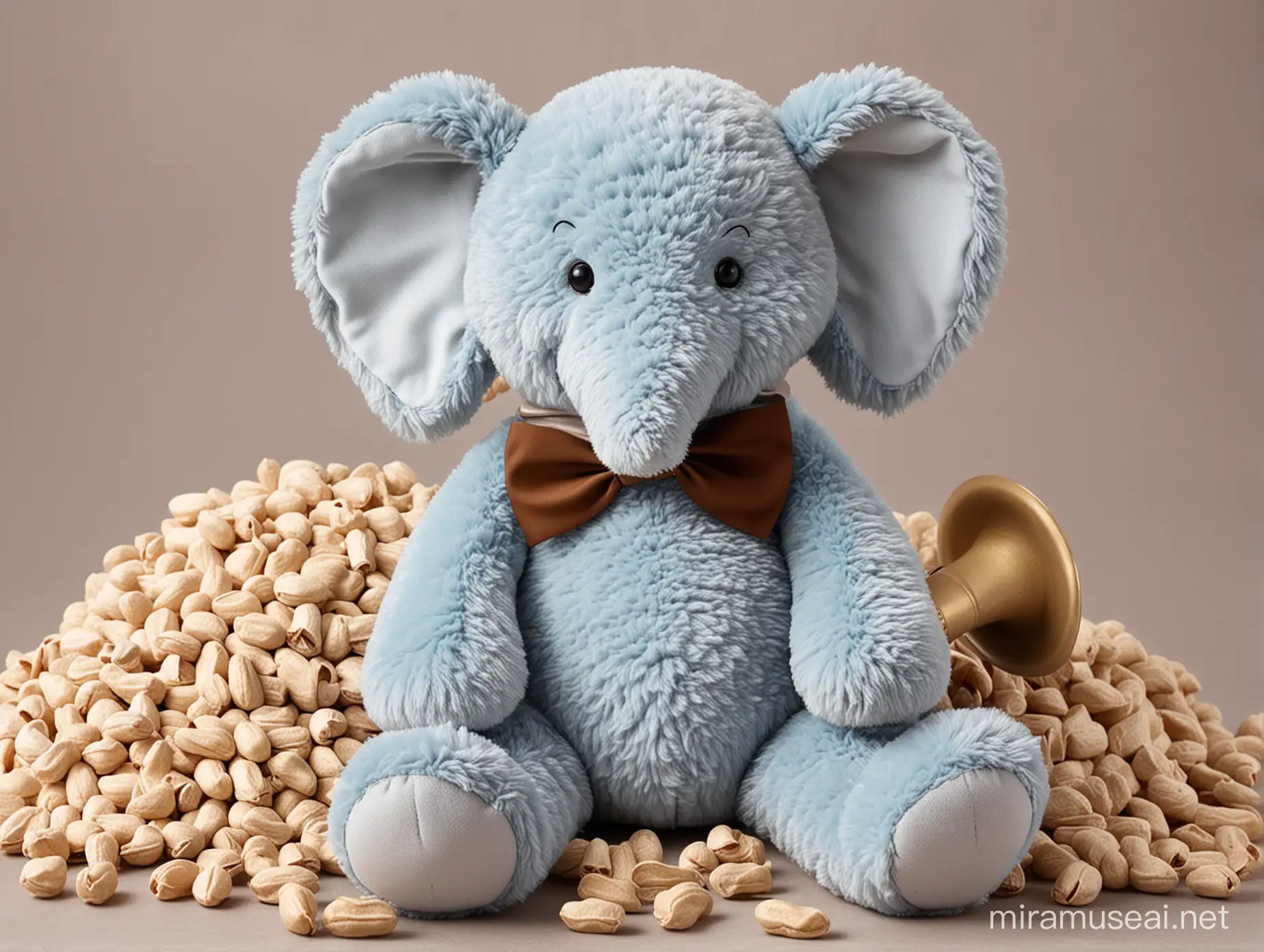 Picture of light blue gray soft stuffed toy elephant with a brown bow tie in his neck holding a trumpet while sitting on a pile of peanuts in shell.