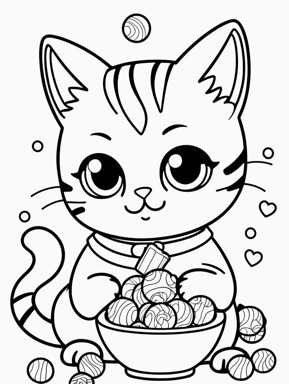 Coloring page for kids with a cute kawaii cat eating candies black lines and white background