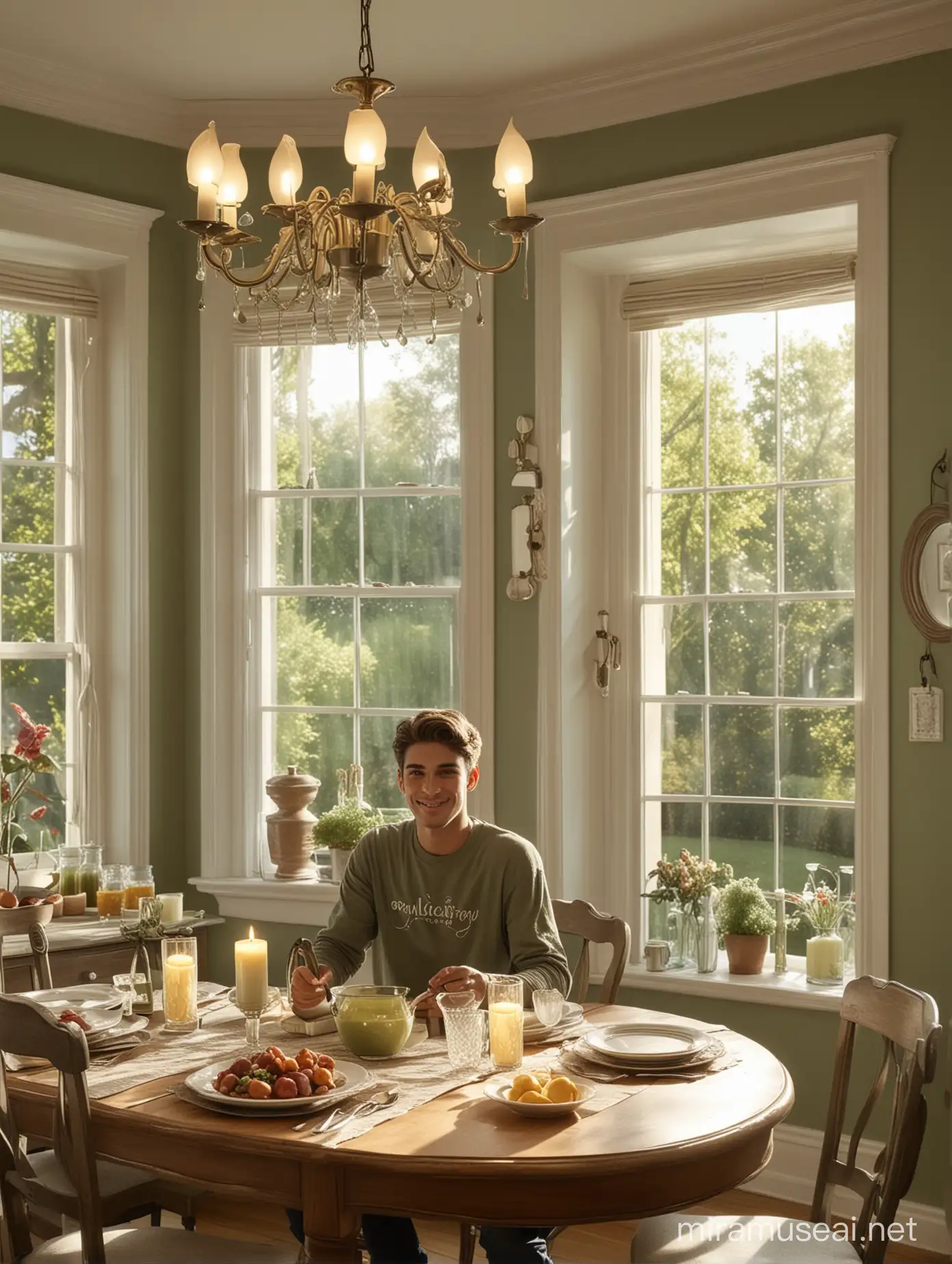 Luxurious SageColored Dining Room with Smiling Young Man in Morning Sunlight