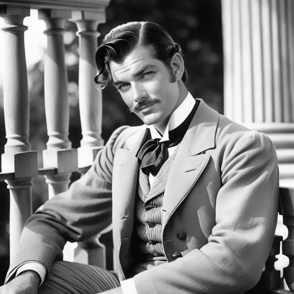 A young, Victorian Rhett Butler, lounging back against a railing. He looks amused.