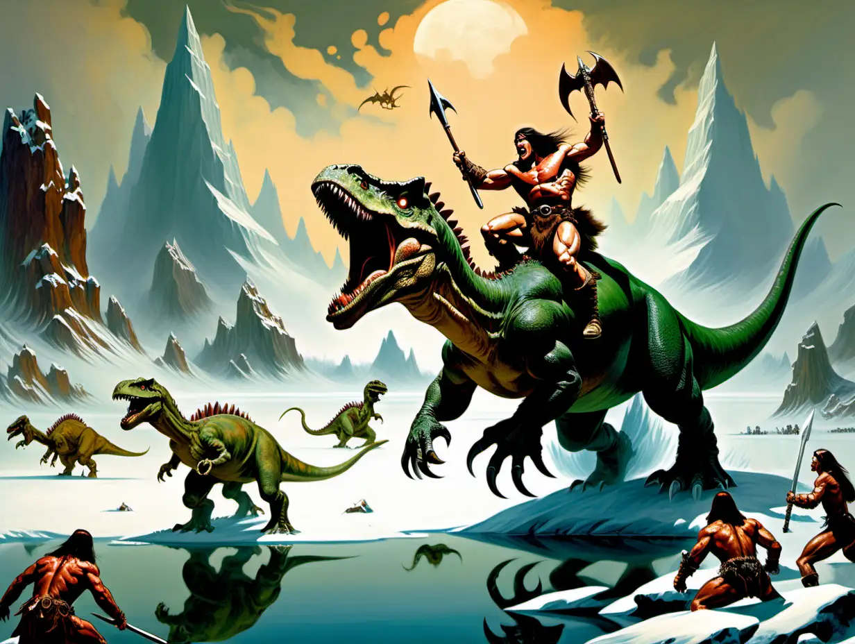 Epic Fantasy Scene Conan the Barbarian Riding a Dinosaur Chased by Dragons on a Frozen Lake