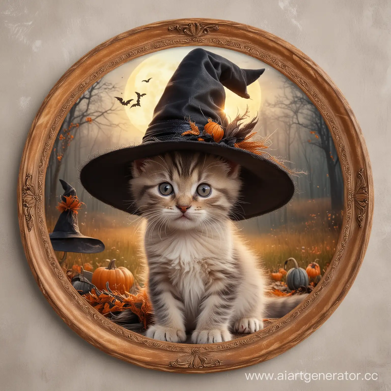 Adorable-Kitten-Wearing-a-Stylish-Witch-Hat-in-Ornate-Circular-Frame