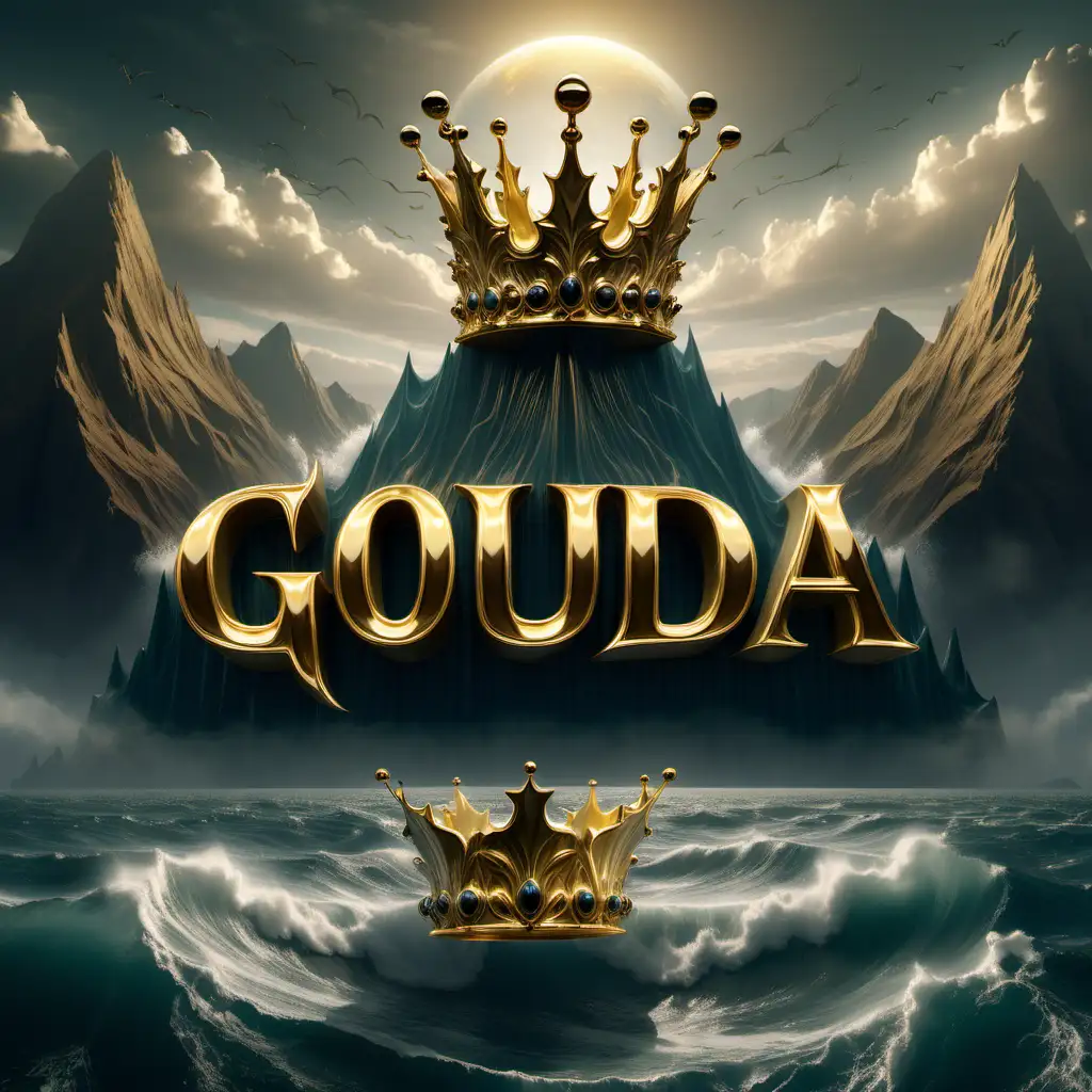 Letter "GOUDA  " made of elegant gold behind sea . GOUDA text in front of sea and mountain demonic realistic , epic royal background, big royal uncropped crown, royal jewelry, robotic, nature, full shot, symmetrical, Greg Rutkowski, Charlie Bowater, Beeple, Unreal 5, hyperrealistic, dynamic lighting, fantasy art