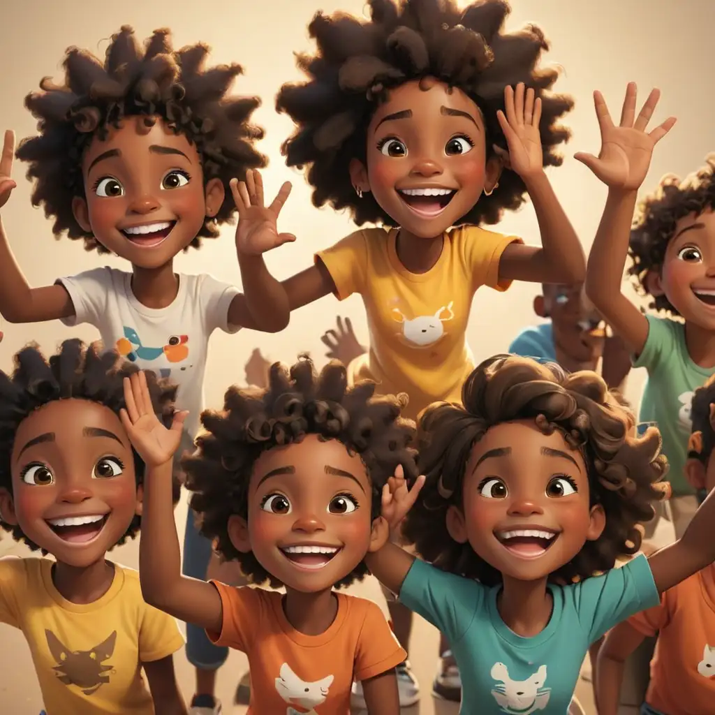 cartoon style African American raising their hands smiling