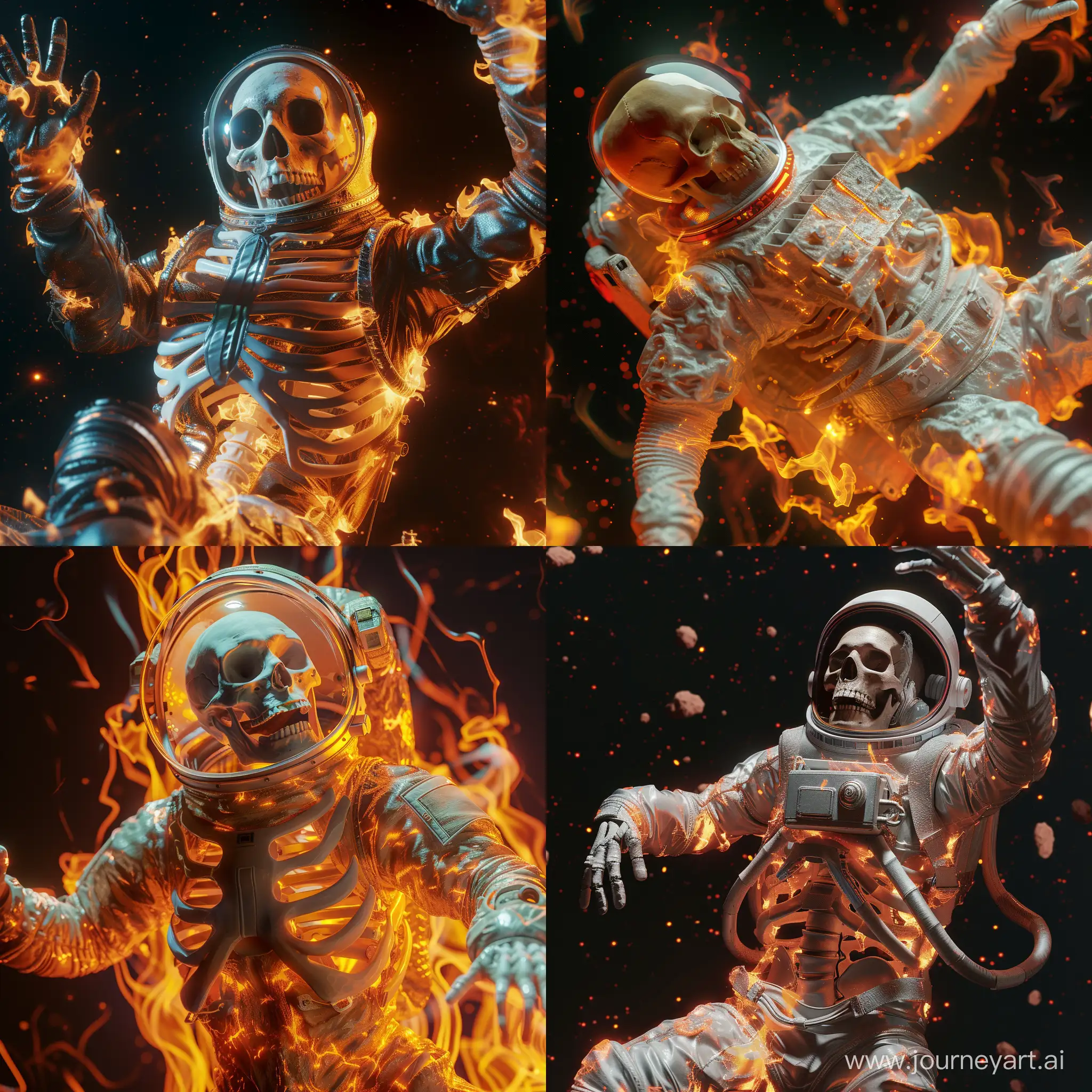 Skeletal astronaut with skull in a modern plastic suit in fire in space ,trying to go up with one hand up , stylish and intense, mystical, long shot, Blender rendering, dynamic composition, 100mm, color gradient, Greaser, flood lighting, ultra realistic, photorealistic, unreal engine, hyper detailed, volumetric lighting, , minimalism black background, hdr, octane render, 8k, kaleidoscopic, symetric ,intricate details and textures ,heavily textured ,cinematic view --style raw --v 6