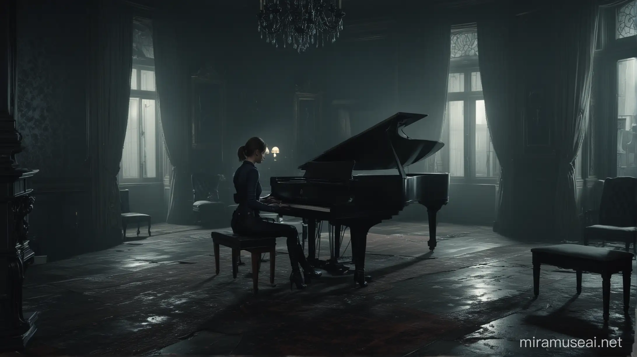 cinematic still, resident evil, jill valentine, playing piano, mansion interior, dark, exploring dark room, ominous