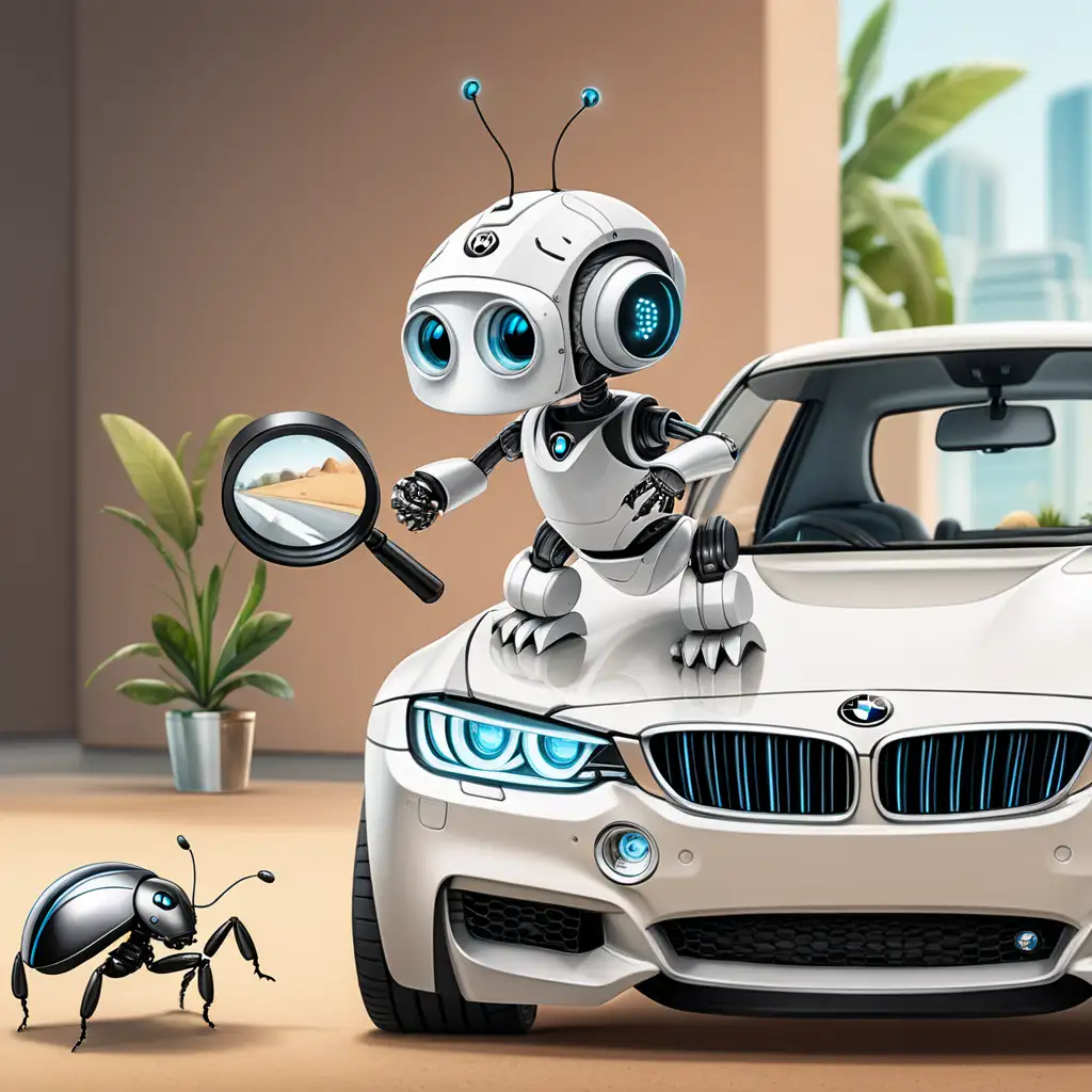 A cute robot searching die something with a magnifier glass in a BMW. The robot needs to look like a robot. 
Cockroaches are running away from the car. 
