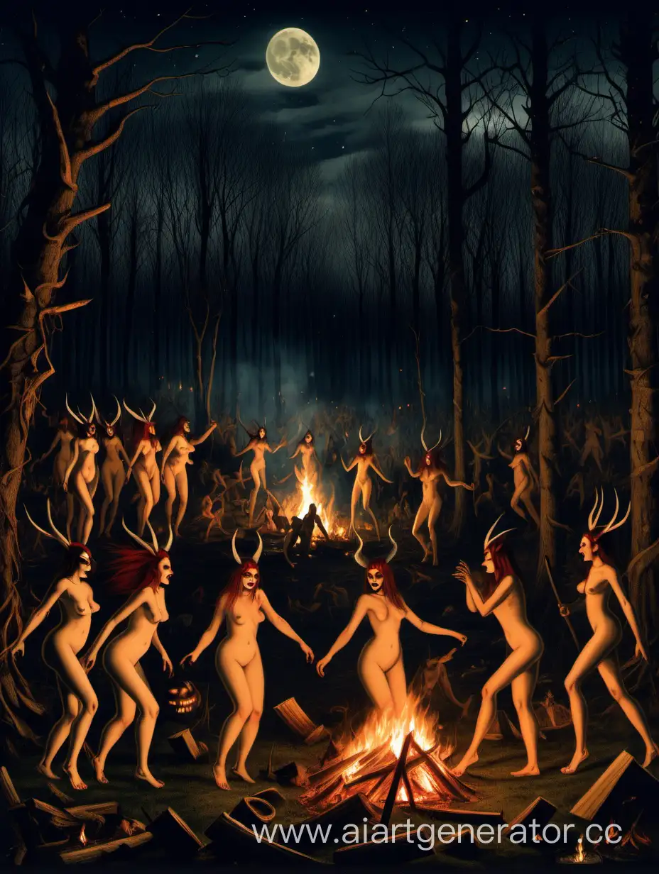 На лесной поляне ночью горят костры и пляшут голые ведьмы и демоны 