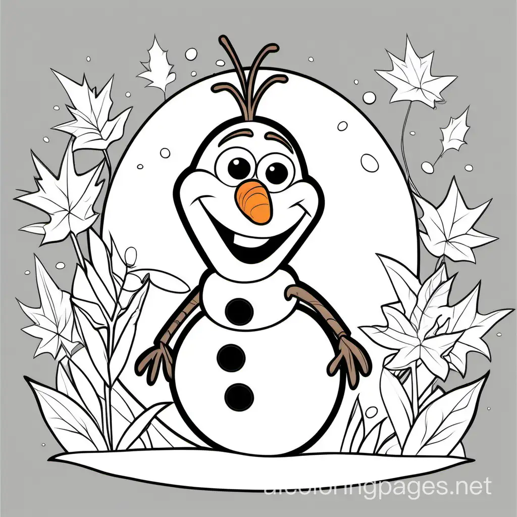 Olaf full image, Coloring Page, black and white, line art, white background, Simplicity, Ample White Space. The background of the coloring page is plain white to make it easy for young children to color within the lines. The outlines of all the subjects are easy to distinguish, making it simple for kids to color without too much difficulty