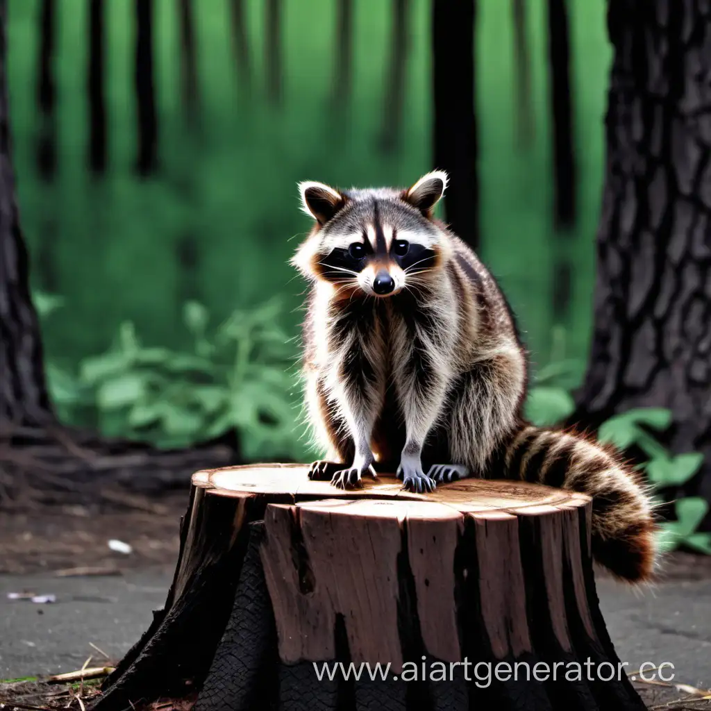 Raccoon-Perched-on-Mossy-Tree-Stump-in-Enchanted-Forest