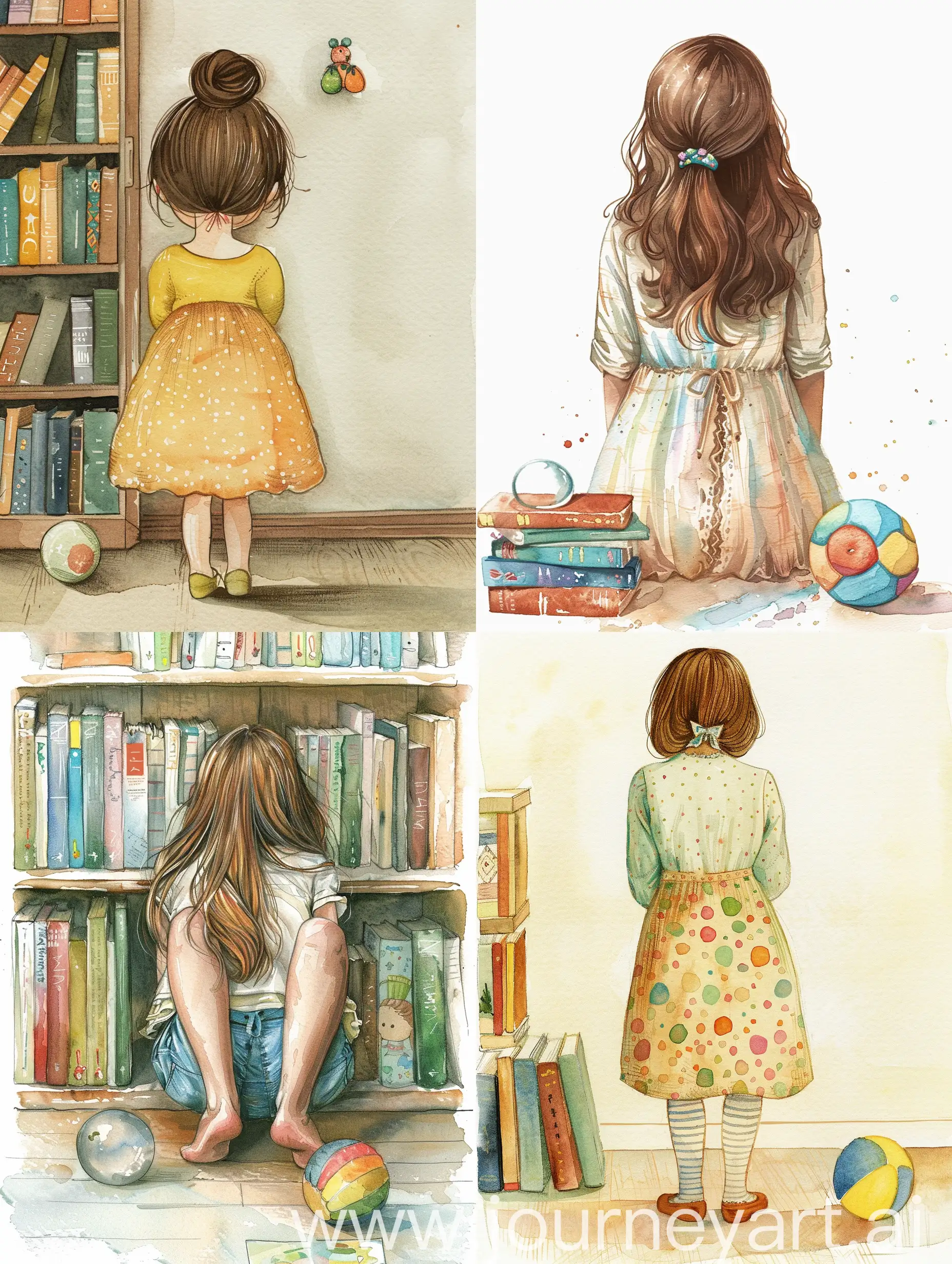 девочка прячет за спину красивую игрушку, полный рост, иллюстрация, акварель и векторная графика, книги, на полу мячик, красиво, арт