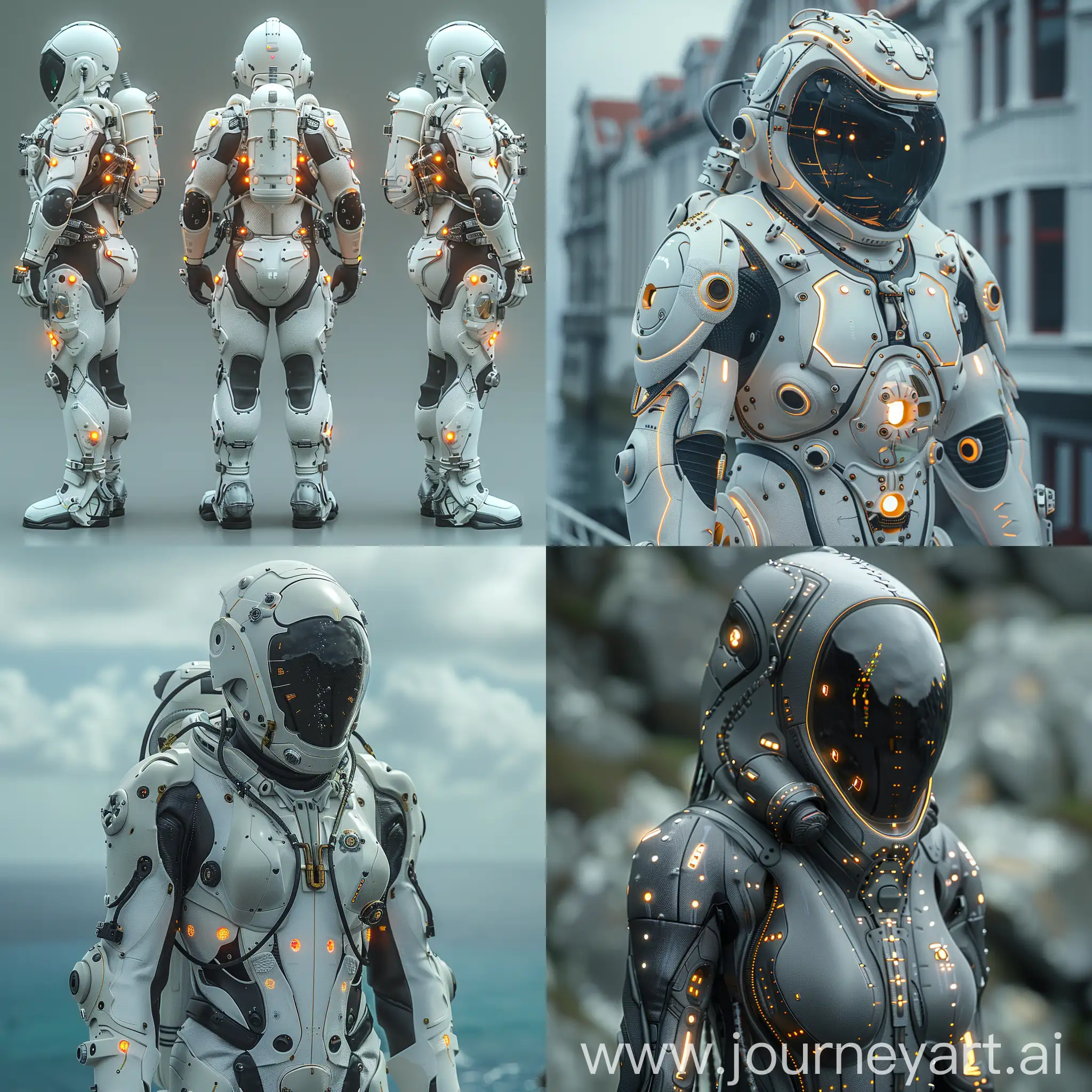 Futuristic diver's costume, high tech, The Suit, Biomimetic Design, Integrated Environmental Controls, Self-Luminous Panels, The Helmet, Augmented Reality Visor, Enhanced Communication, 360-degree Awareness, Additional Gear, Modular Tool Arms, Underwater Propulsion Systems, octane render --stylize 1000