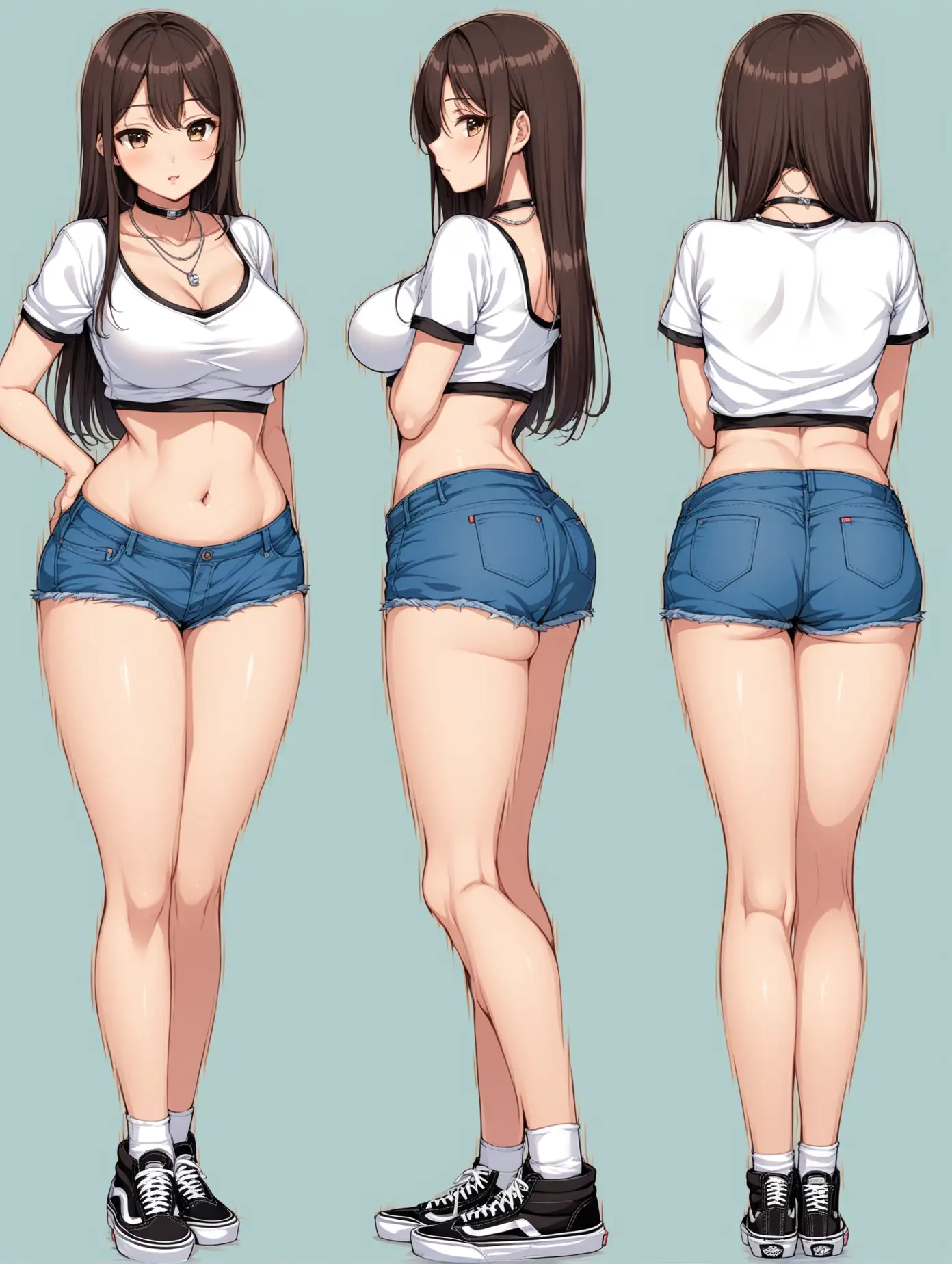 Image: Sensual anime girl. 
Features: Front, latteral and backside views, standing pose.
Body features: brunette, taller, big hips, small breastz
Wears on: Shirt, Stockings Eras Vans sneakers, jorts, choker necklace.