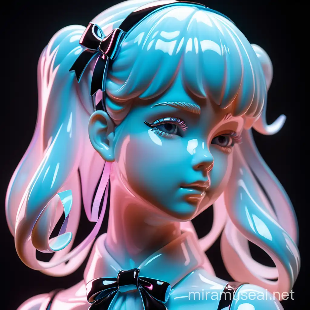 Produce a white shiny iridescent neon colored porcelain figure of a beautiful curvy feminine woman
Strong expression dynamic
Cute kawaii hair ribbon 
portrait
Black background