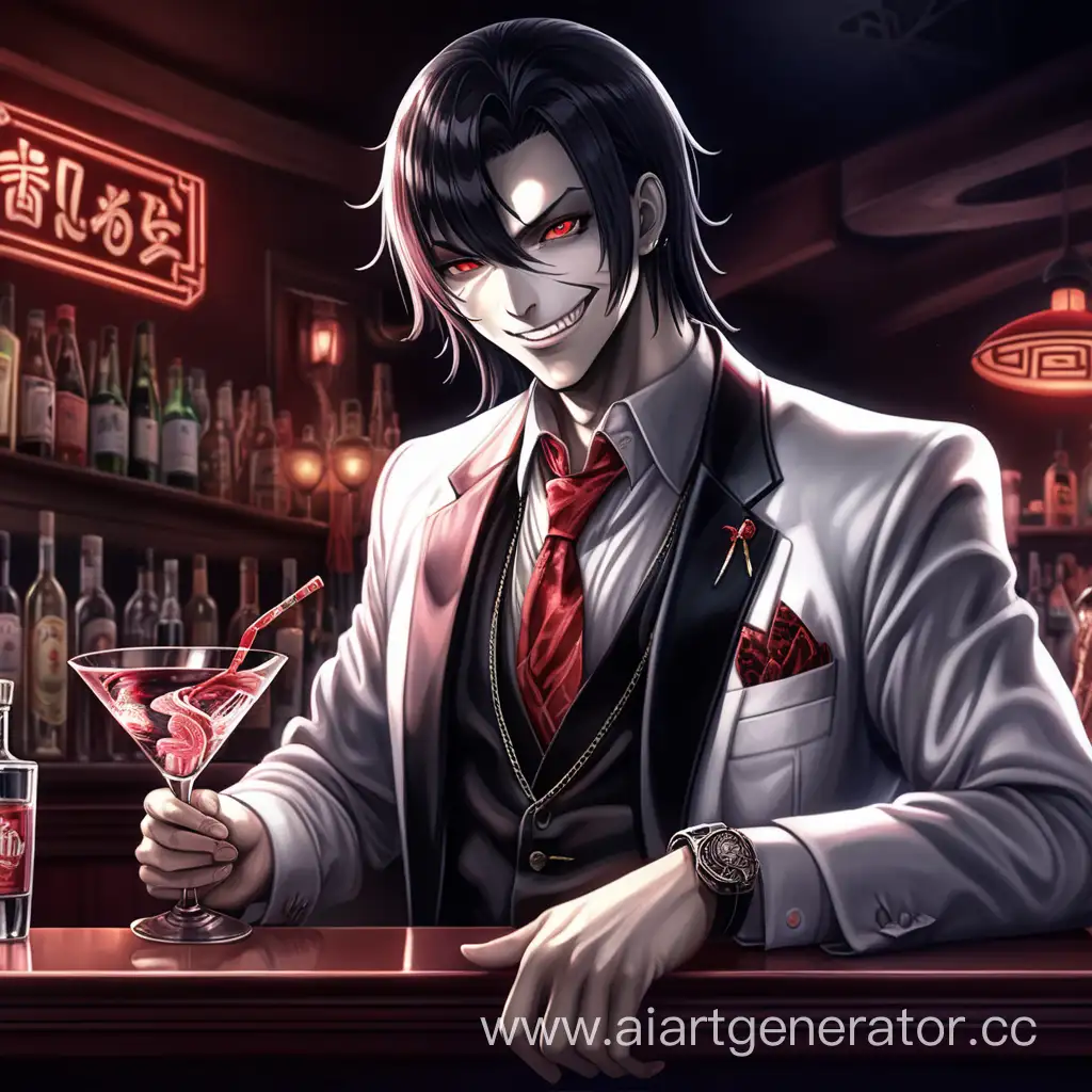 Китайский молодой красноглазый мафиози со змеиными чертами, маньячный взгляд и улыбка в ночном клубе, со стаканом мартини у барной стойки #аниме #4k #realistic #horor довольный. 