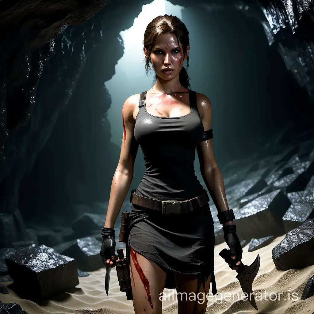 Young girl Lara Croft in a black dress with a big bust got captured by Cannibal in a cave on the Yamatai island