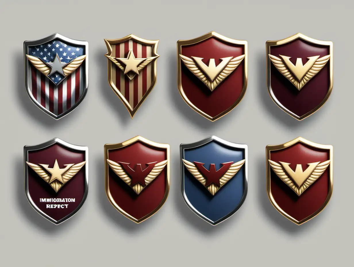 Create six unique sophisticates and clean badges for an immigration law firm, each inspired by original superheroes symbolizing core values: Committment, Accountability, Passion, Respect, Integrity, and impact. Design them to be chrome and hints of burgandy.