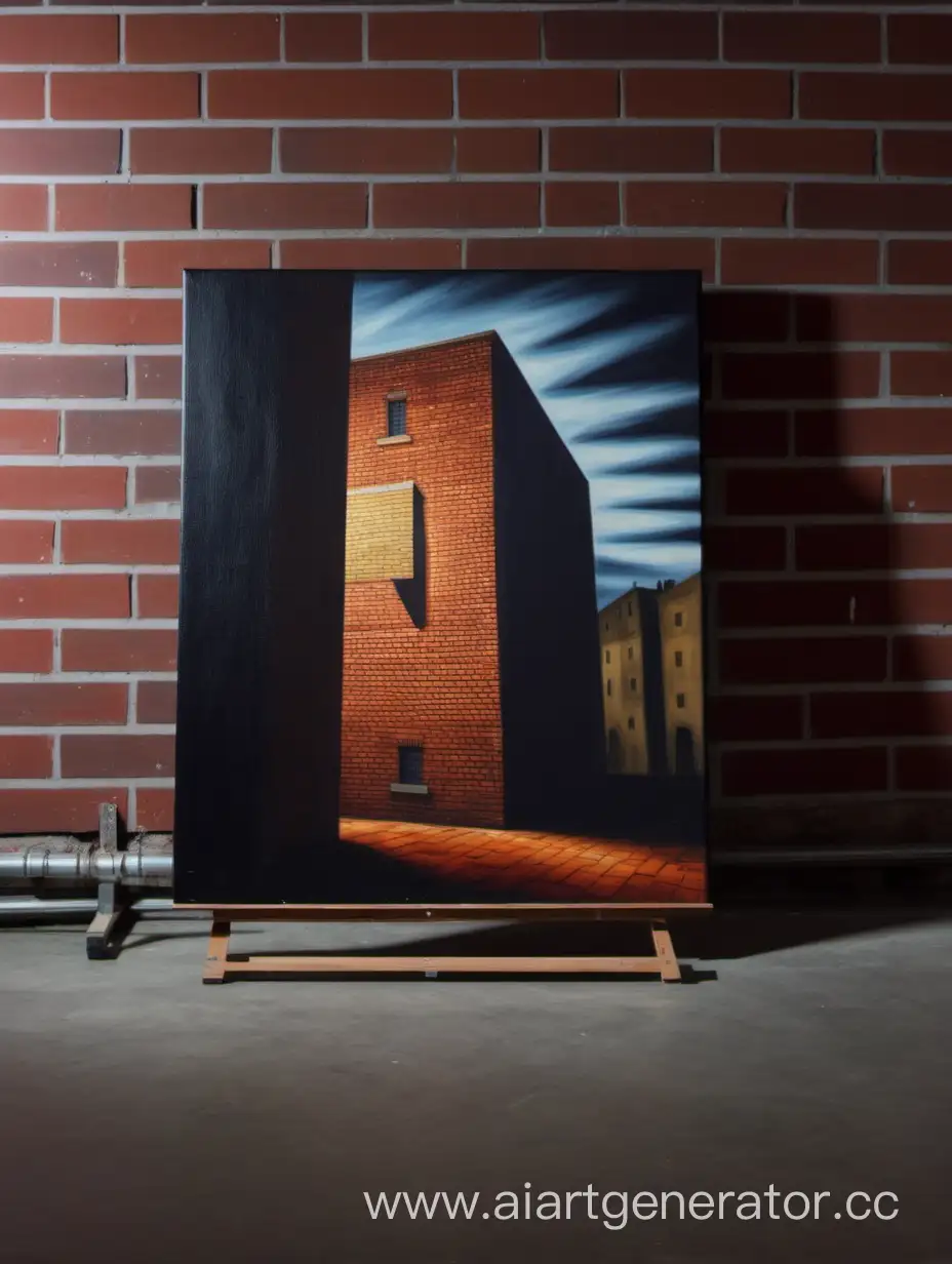 Side view of a rectangular painting that stands on the floor, leaning against a brick wall in a dark room by the window