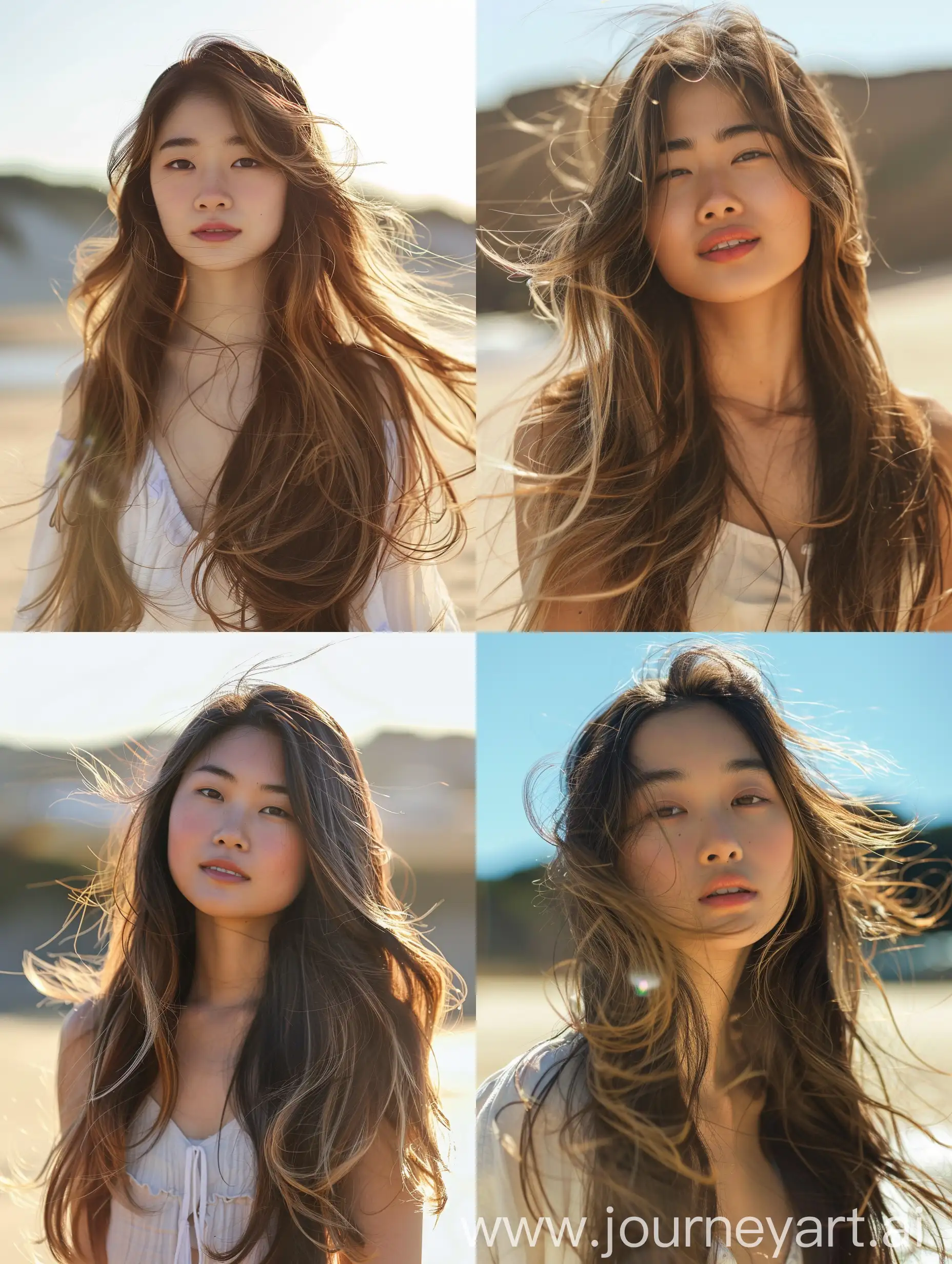 A young Asian woman in her 20s, with long, sun-kissed balayage hair. She is standing on a sunny beach, the light reflecting off her soft, flowing waves.