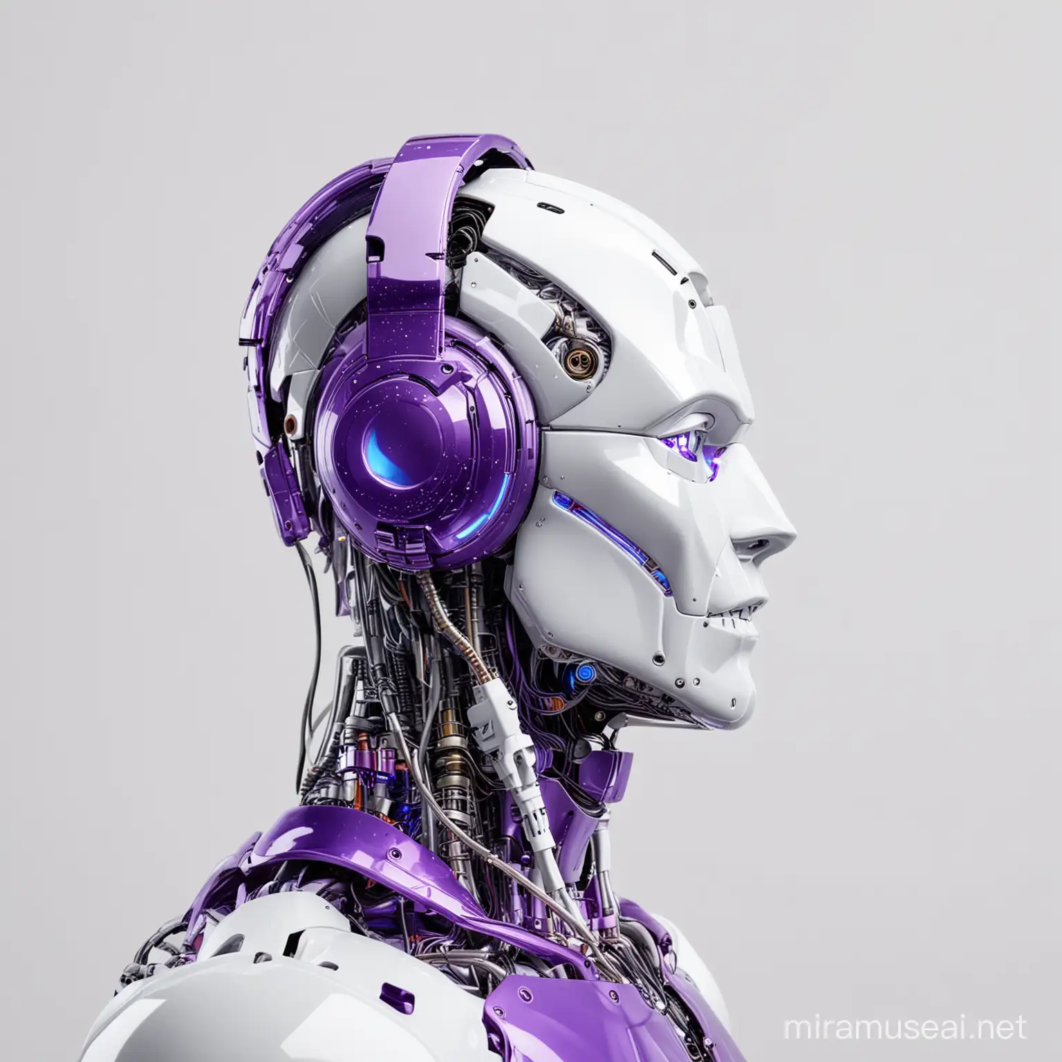 Shiny Purple Headphones Worn by Male Robot Side Profile View on White Background