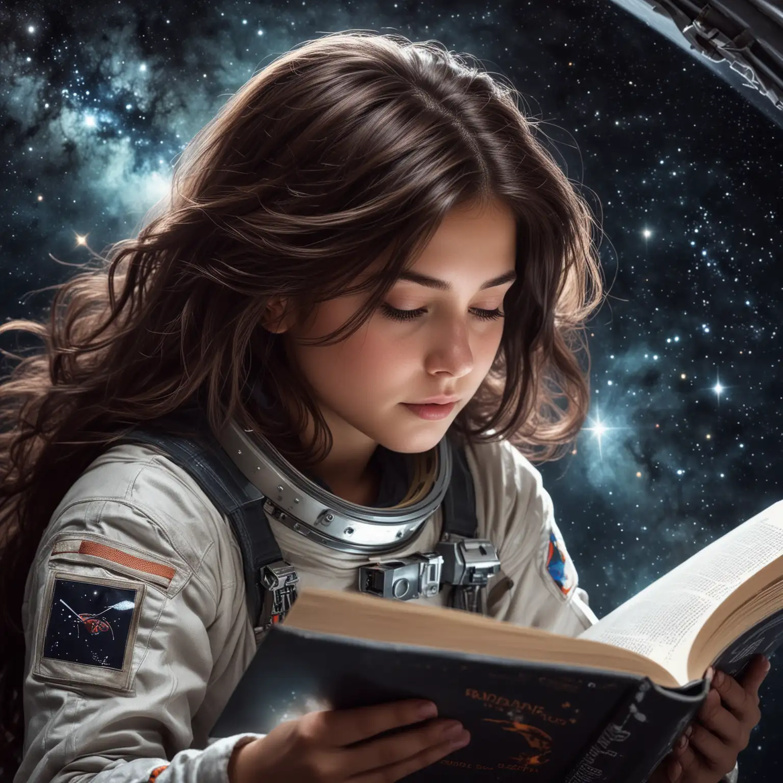 girl, with dark brown hair, in space, reading a book