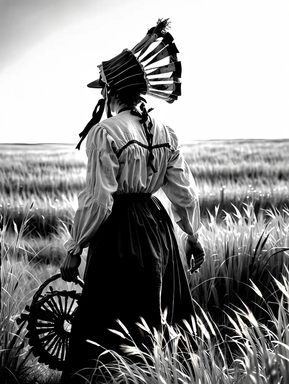 Caucasian Pioneer Woman Arriving at Vast Prairie Landscape