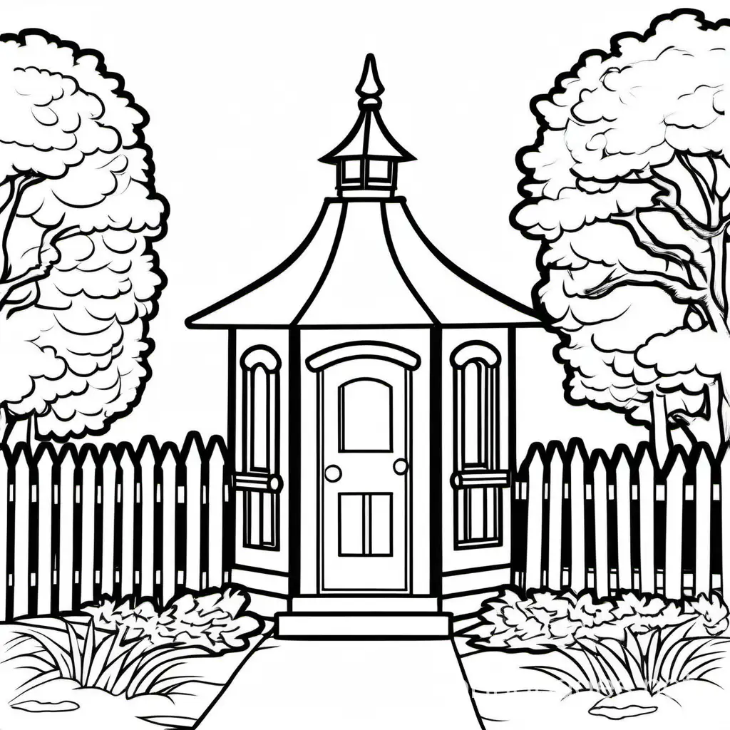 guardhouse in a park
, Coloring Page, black and white, line art, white background, Simplicity, Ample White Space. The background of the coloring page is plain white to make it easy for young children to color within the lines. The outlines of all the subjects are easy to distinguish, making it simple for kids to color without too much difficulty