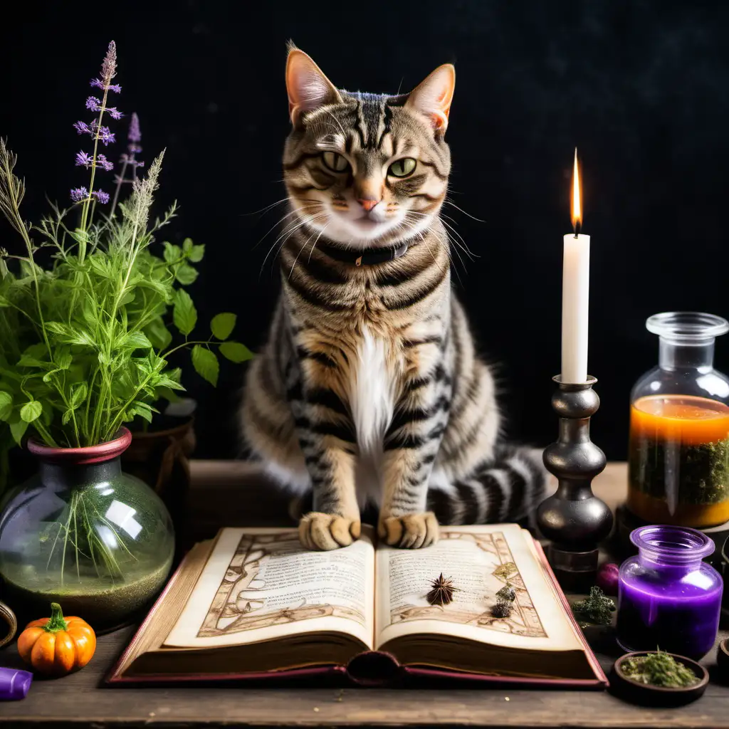 smirking tabby cat, sitting on an open spell book, potions and herbs around