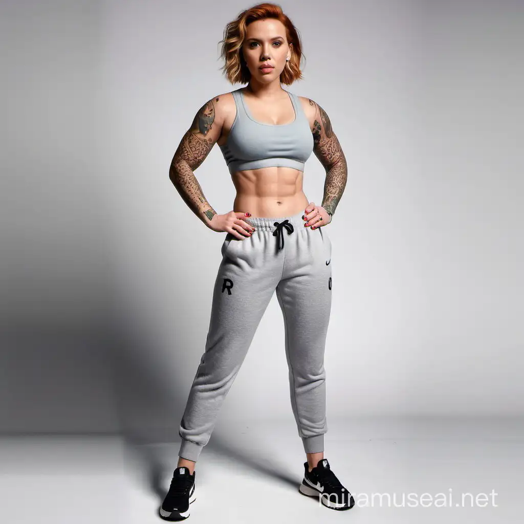 Scarlett Johansson looking very buff and very muscular, with many tattoos, wearing grey sweatpants, full body image