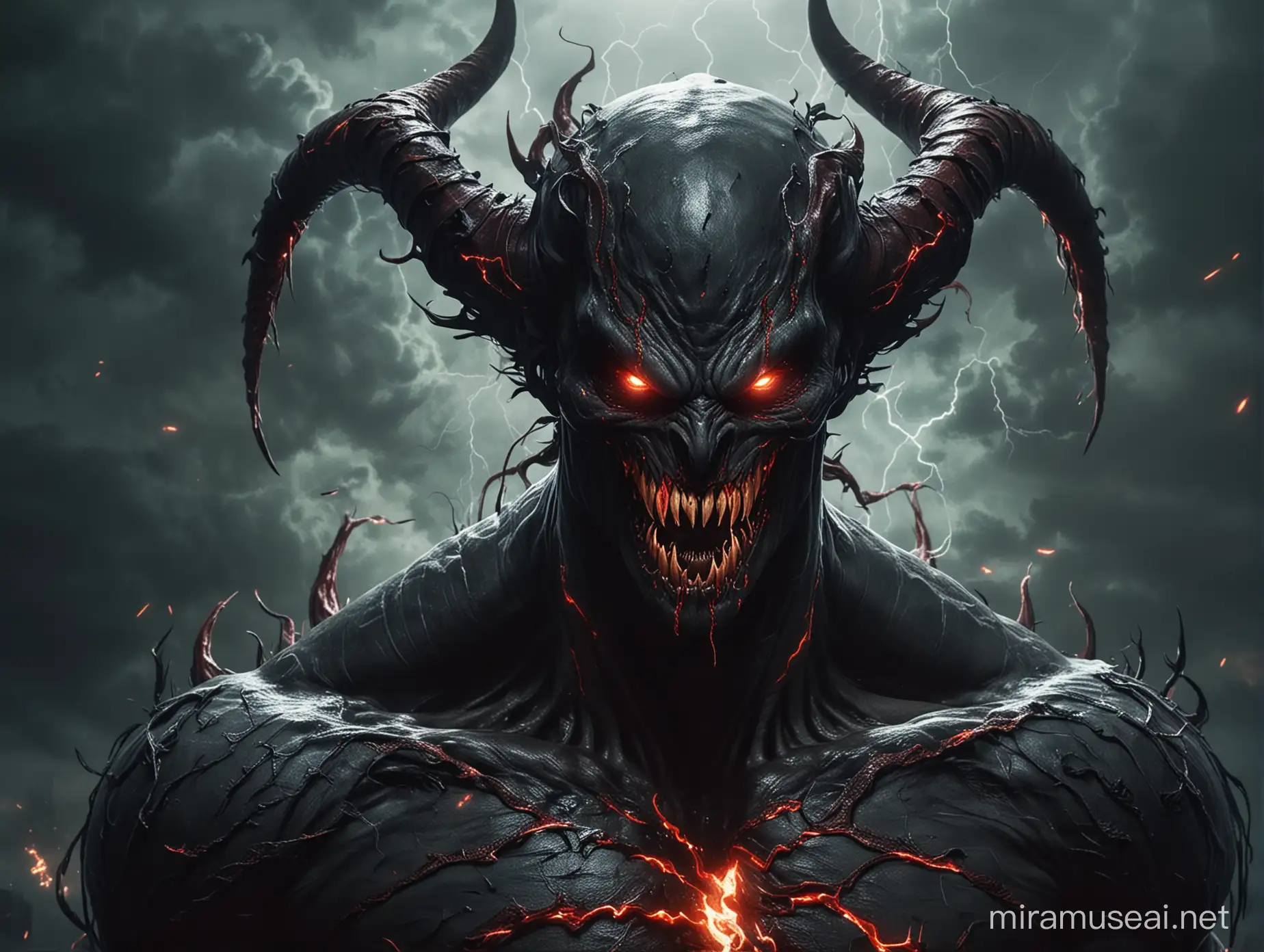 A supernatural evil being wants to destroy Earth. His face is like Venom with horns. he is atleast 9ft tall and skinny. There is dark red lightning around him. He loks extremely evil with glowing eyes.