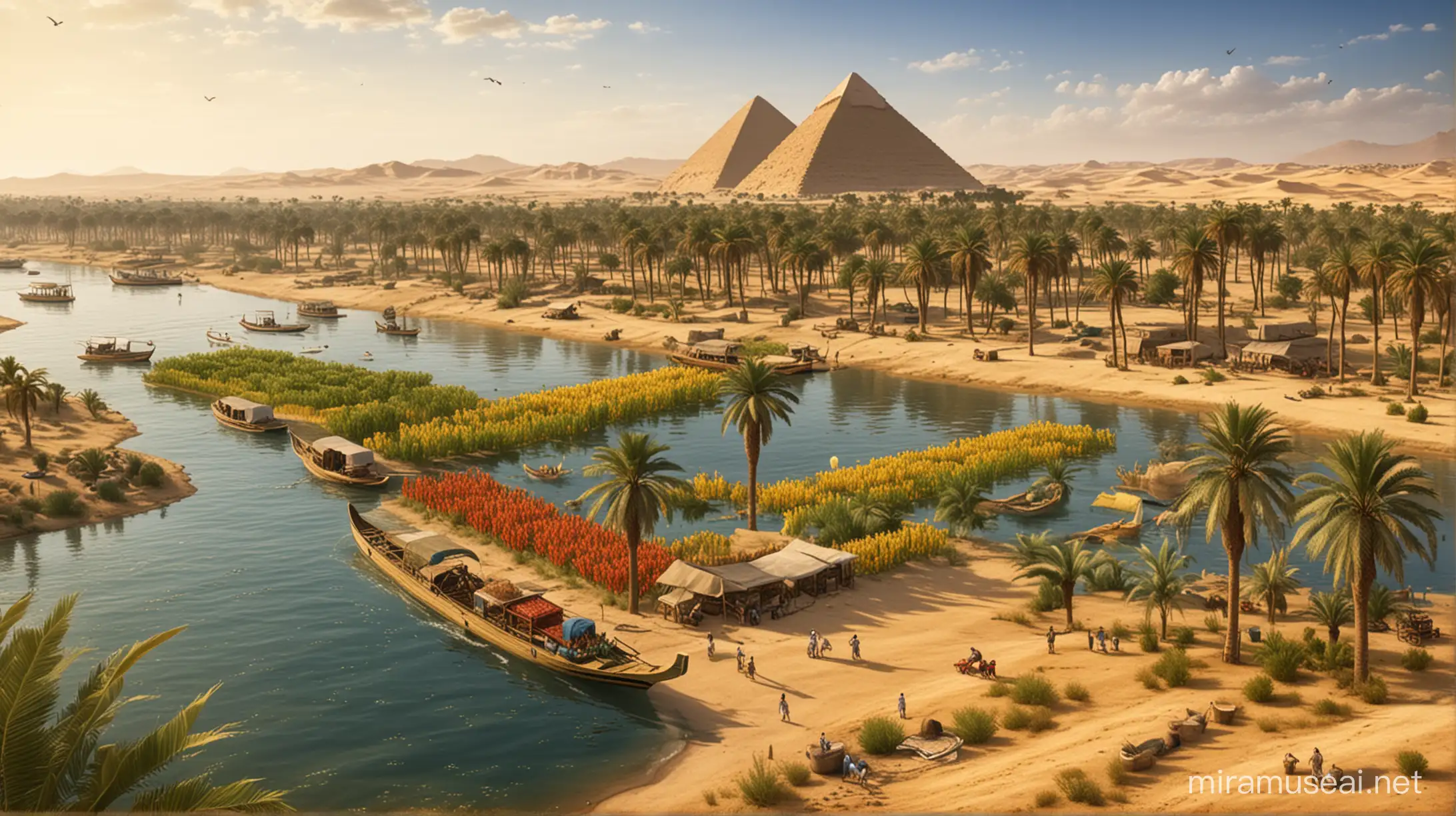 Create scenes of bountiful harvests and surplus crops resulting from the Egyptians' skillful management of the Nile.