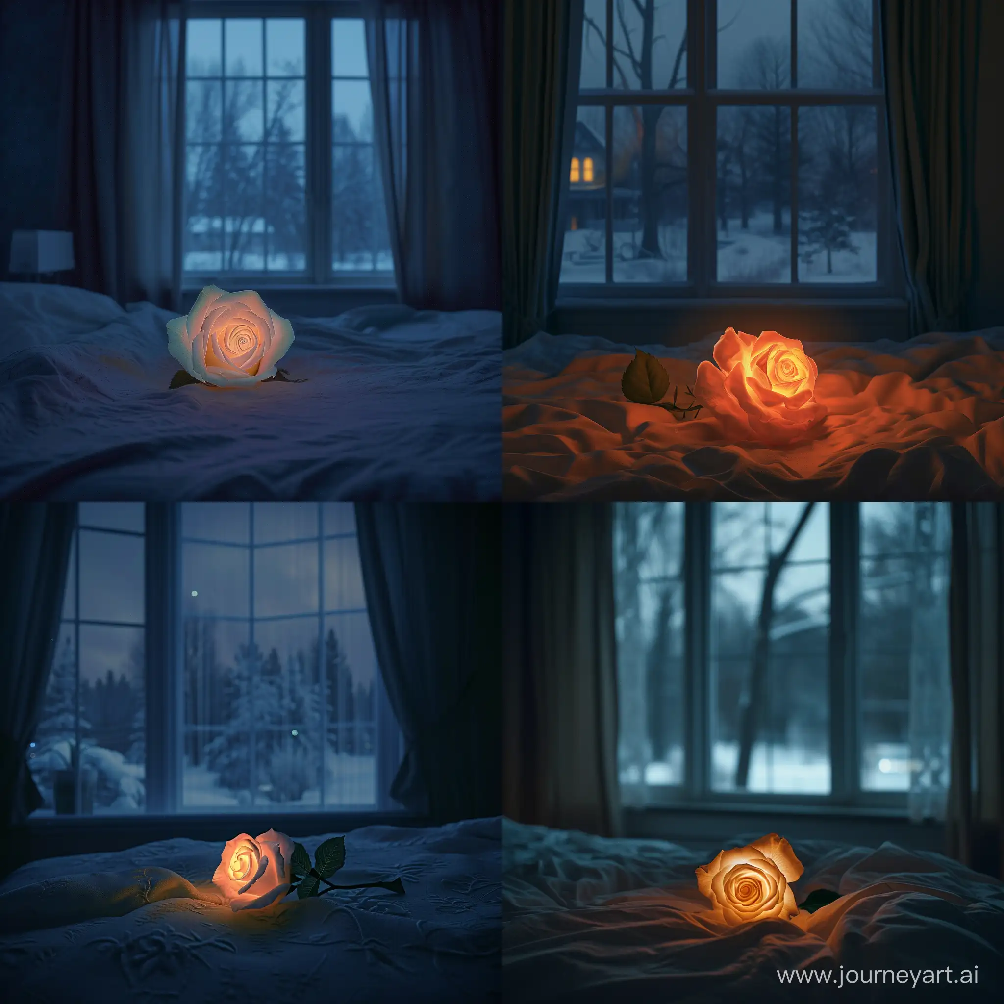 Illuminated-Rose-on-Bed-in-Winter-Night-Scene