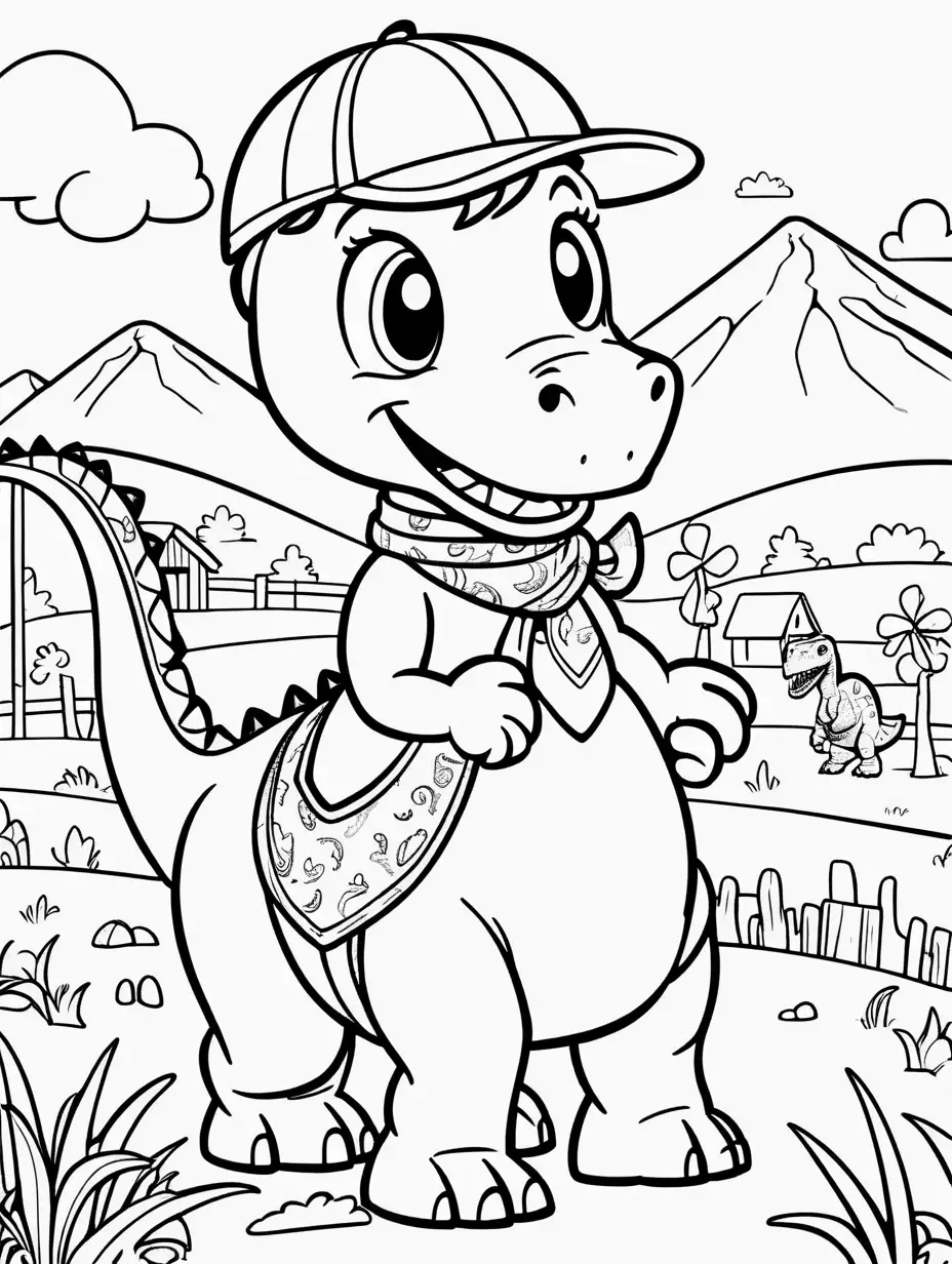 A cute cartoonish dinosaur,wearing a bandana, riding a horse on the ranch, kids coloring page, no shading, no color