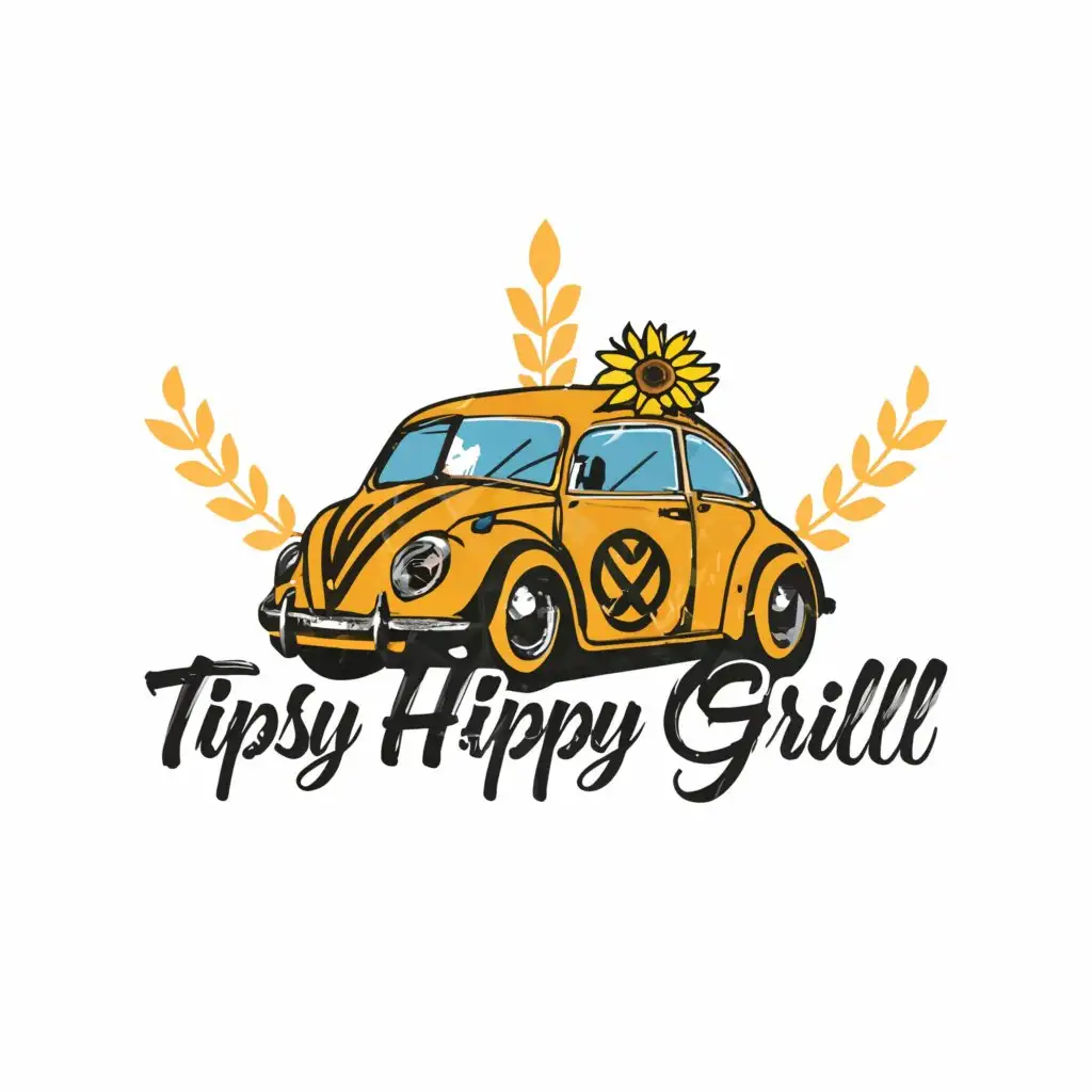LOGO-Design-For-Tipsy-Hippy-Grill-Vibrant-and-Retro-with-VW-Bug-and-Hot-Chicken-Theme