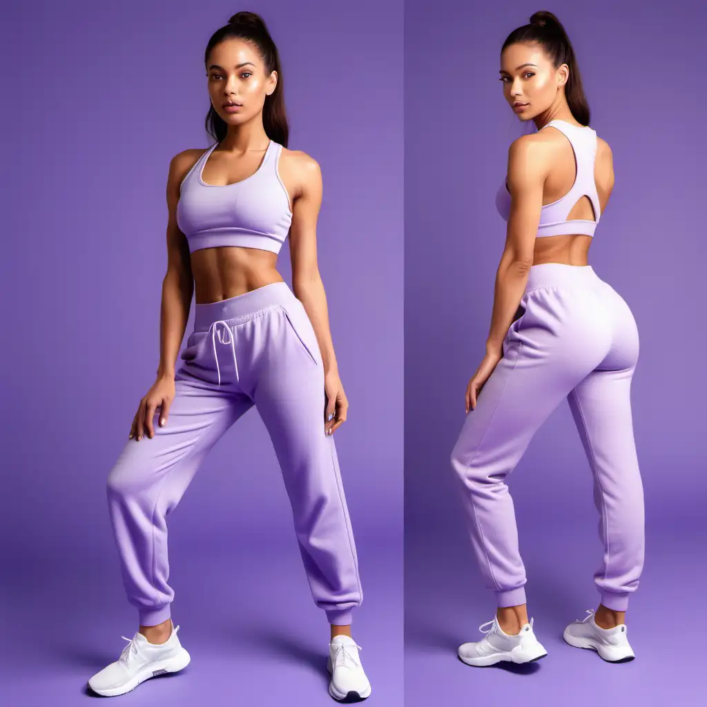 generate an image of one women wearing LAVENDER  sweatpants  at the gym with lavander back ground and 4 diffent angles 
