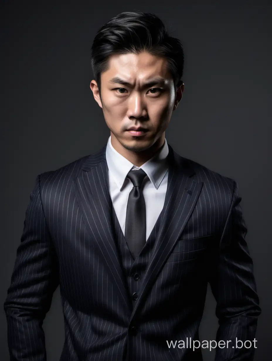 A athletic fit 30 year old asian male looks at you with a mean stare wearing a dark executive pinstripe suit