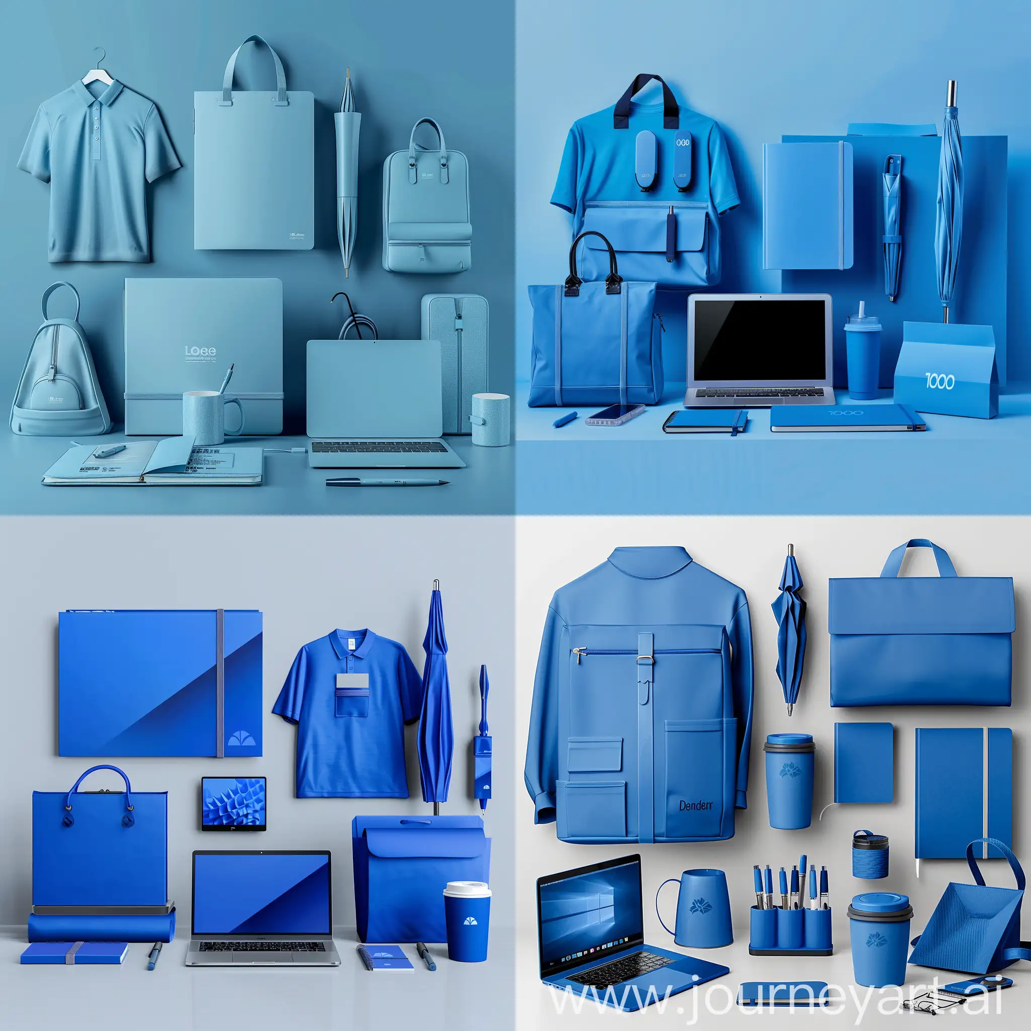 产品设计，蓝色色调，产品包括：笔记本、保温杯、笔记本电脑，钢笔，雨伞，衬衣，马克杯，纸袋，背包，最高品质，LOGO