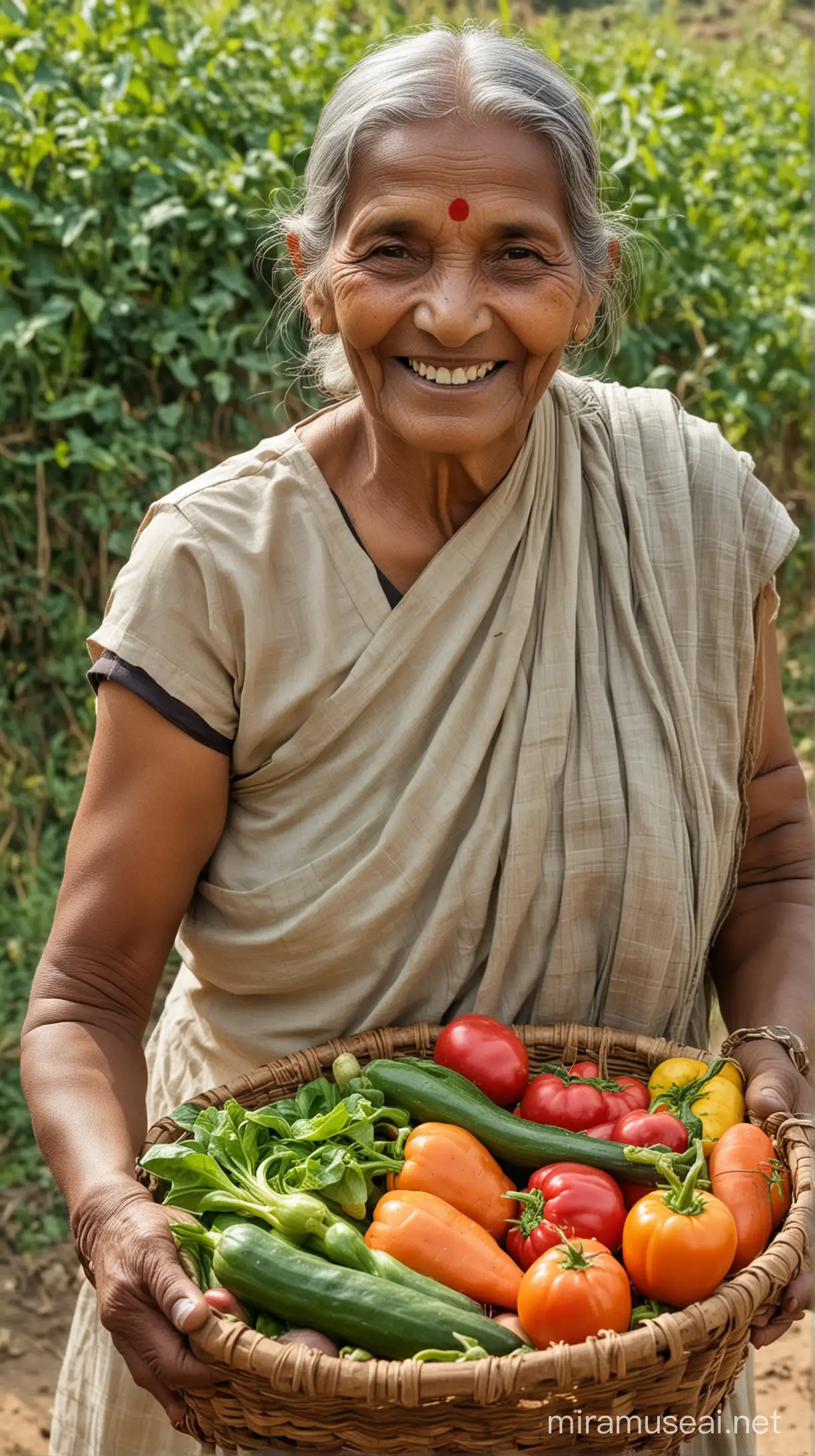 Old Indian lady with farm wooden basket vegetables in her hand, smiling