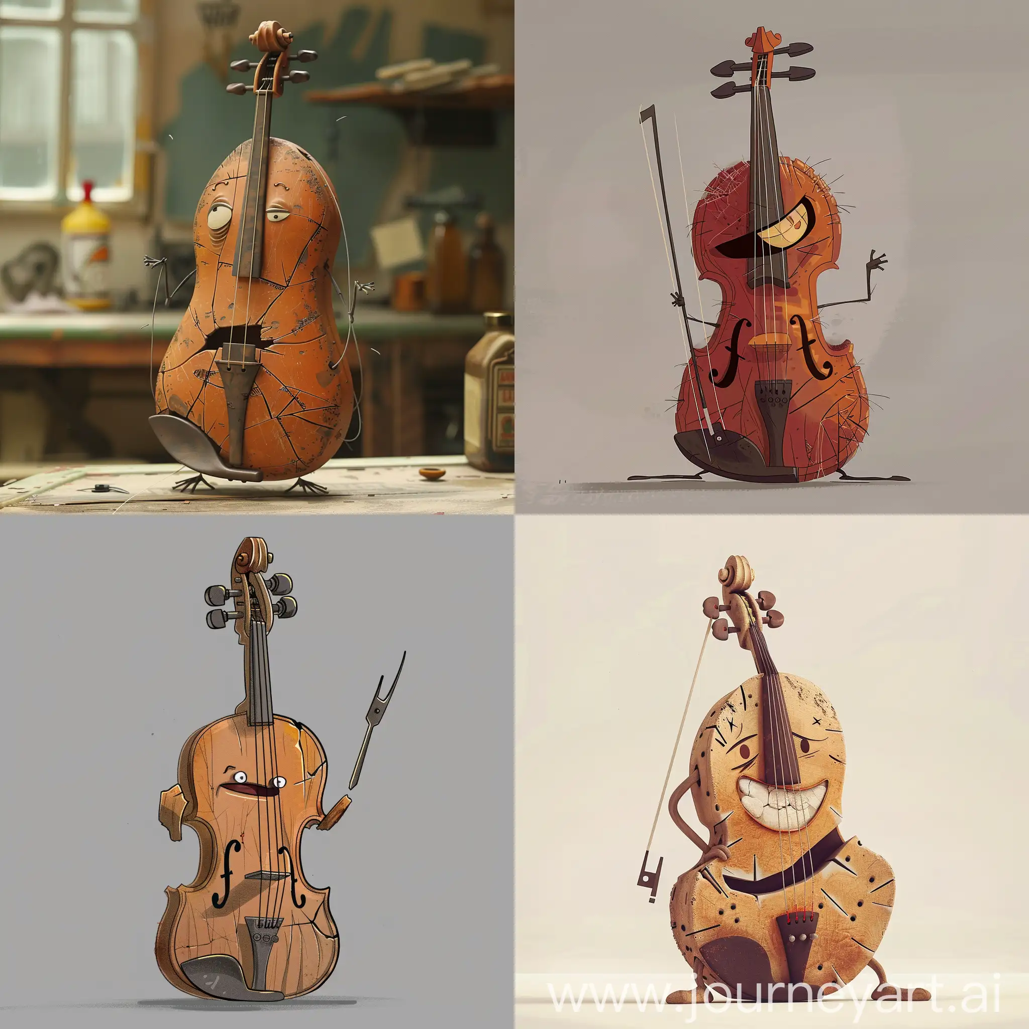 Animated-Cartoonish-Character-Broken-Violin-with-Frayed-Strings-and-Scarred-Body