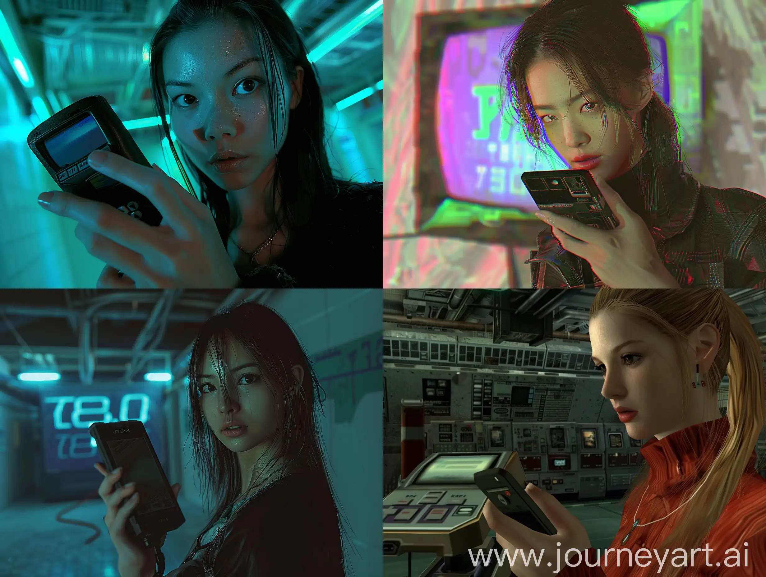 ps2 graphics screengrab of a woman holding a cellphone , genre, retro, modern, futurism, y2k aesthetic, nostalgic trend, environment,